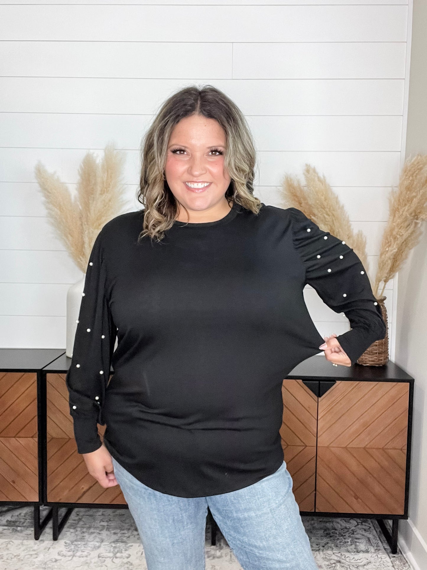 "Snazzy" Long Balloon Sleeve with Pearl Accents (Black)