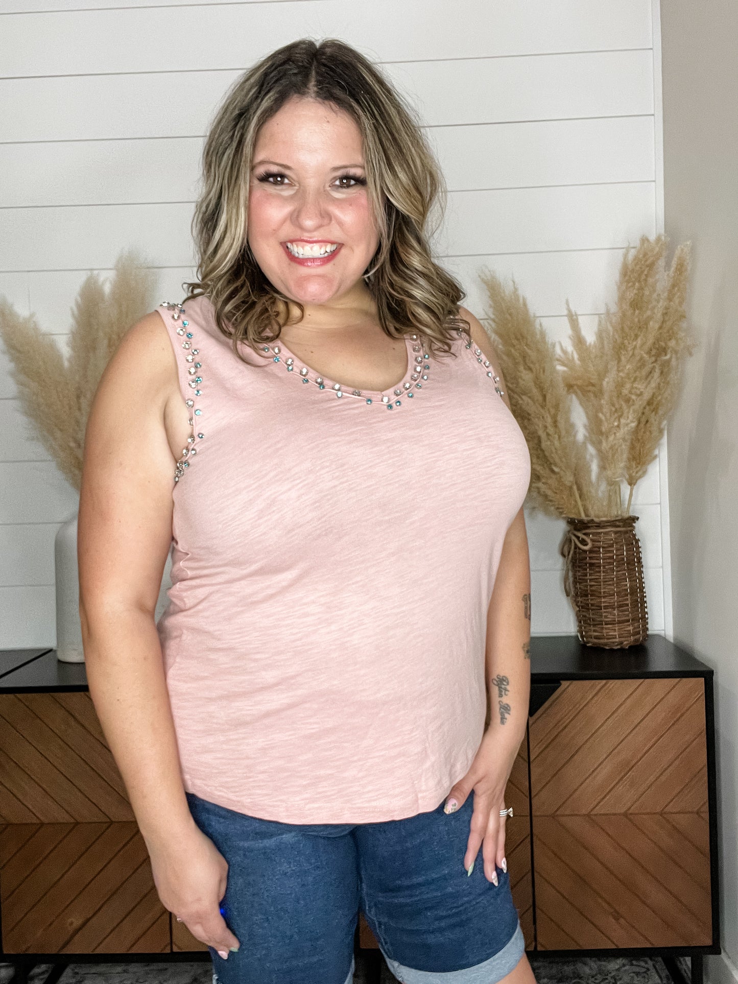 "Reflection" U Neck Tank with Embellishments
