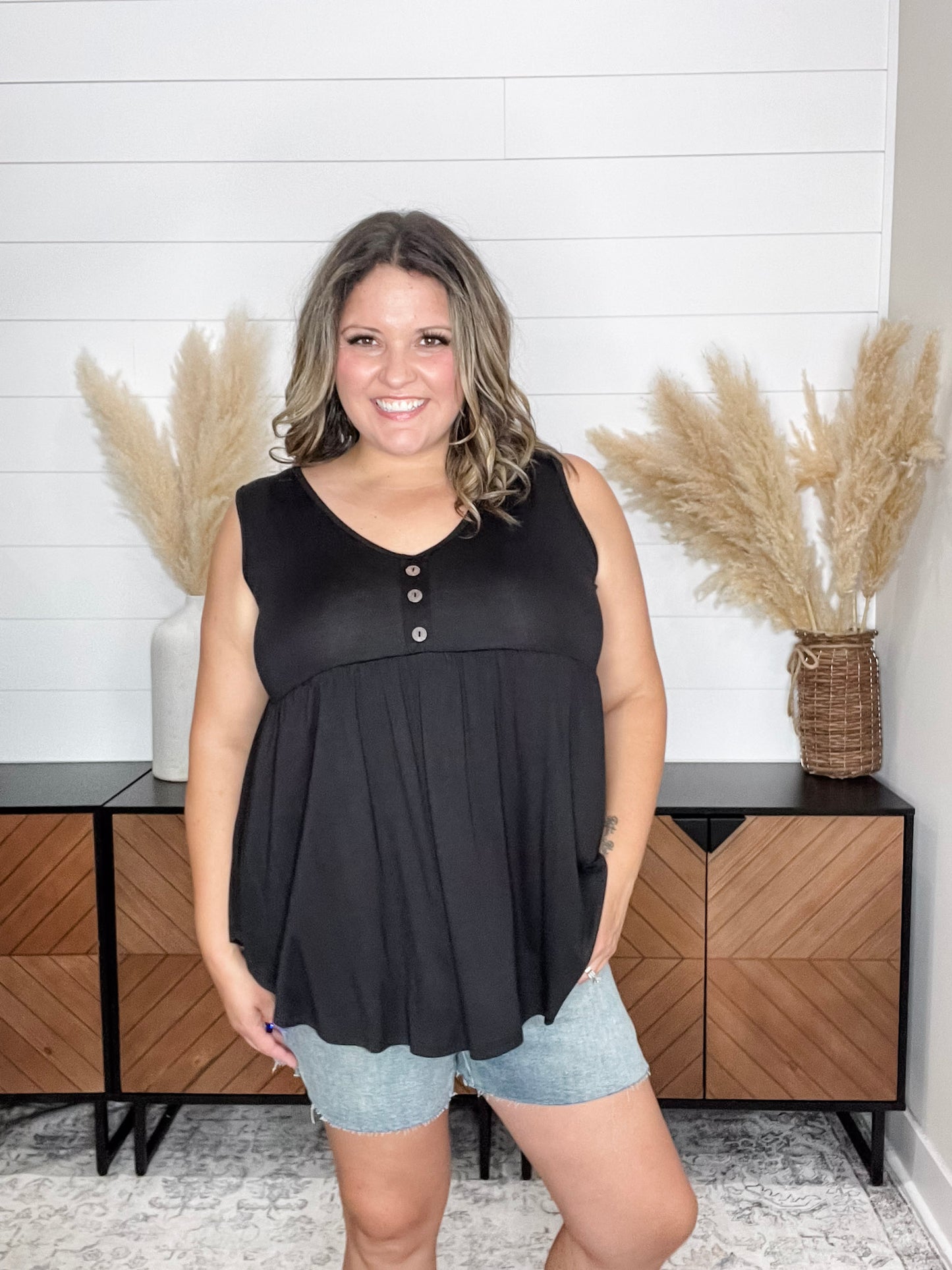 "Lottie" Babydoll V Neck Tank Top (Black)
