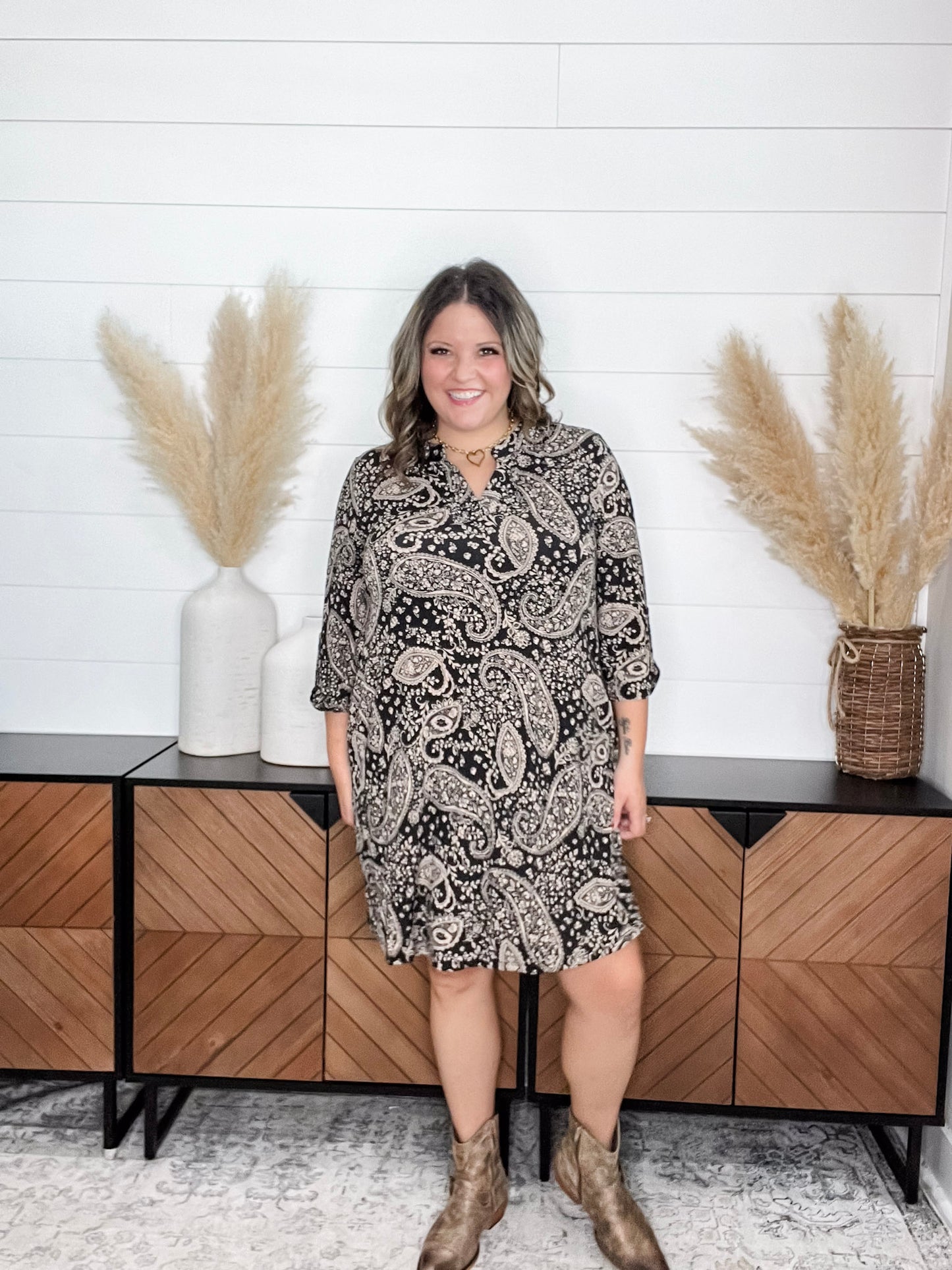Dear Scarlett "Lithium" 3/4 Sleeve Split Neck Dress with Pockets