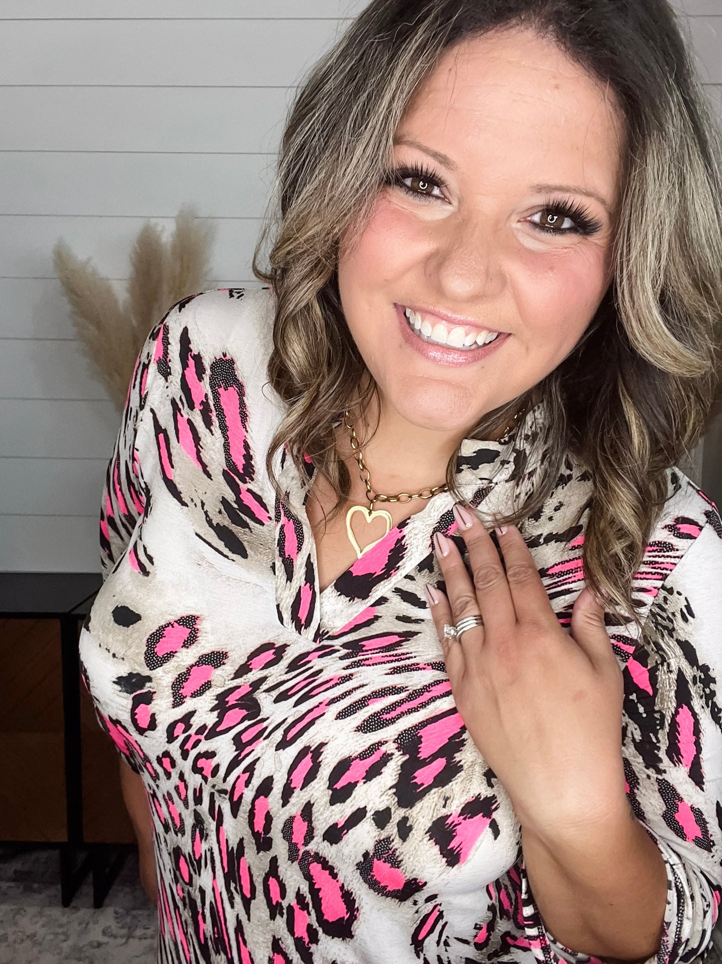 "Distinctive" Animal Print Lizzy 3/4 Sleeve Split Neck
