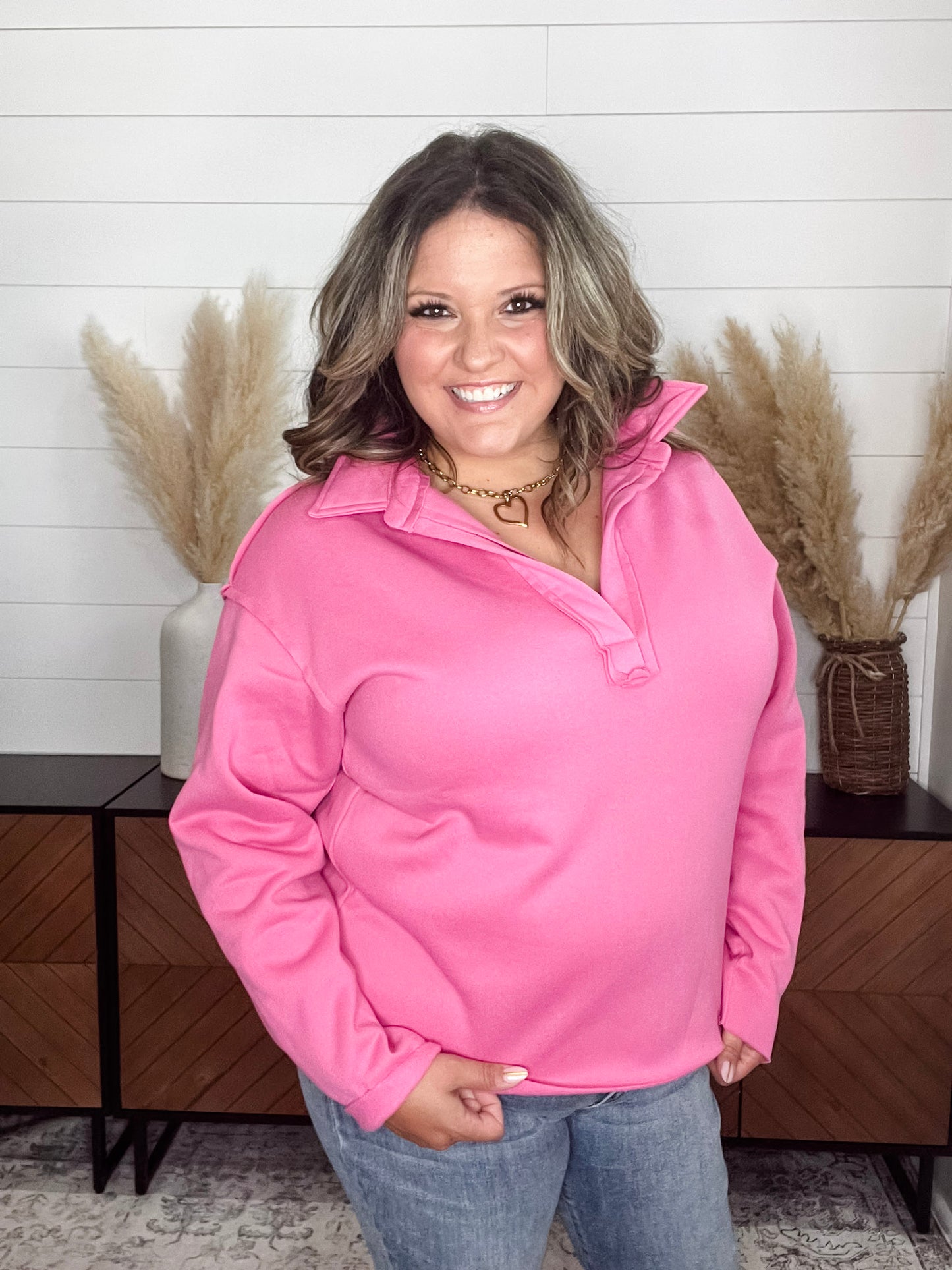 "Bubblegum" Long Sleeve Split Neck Sweatshirt