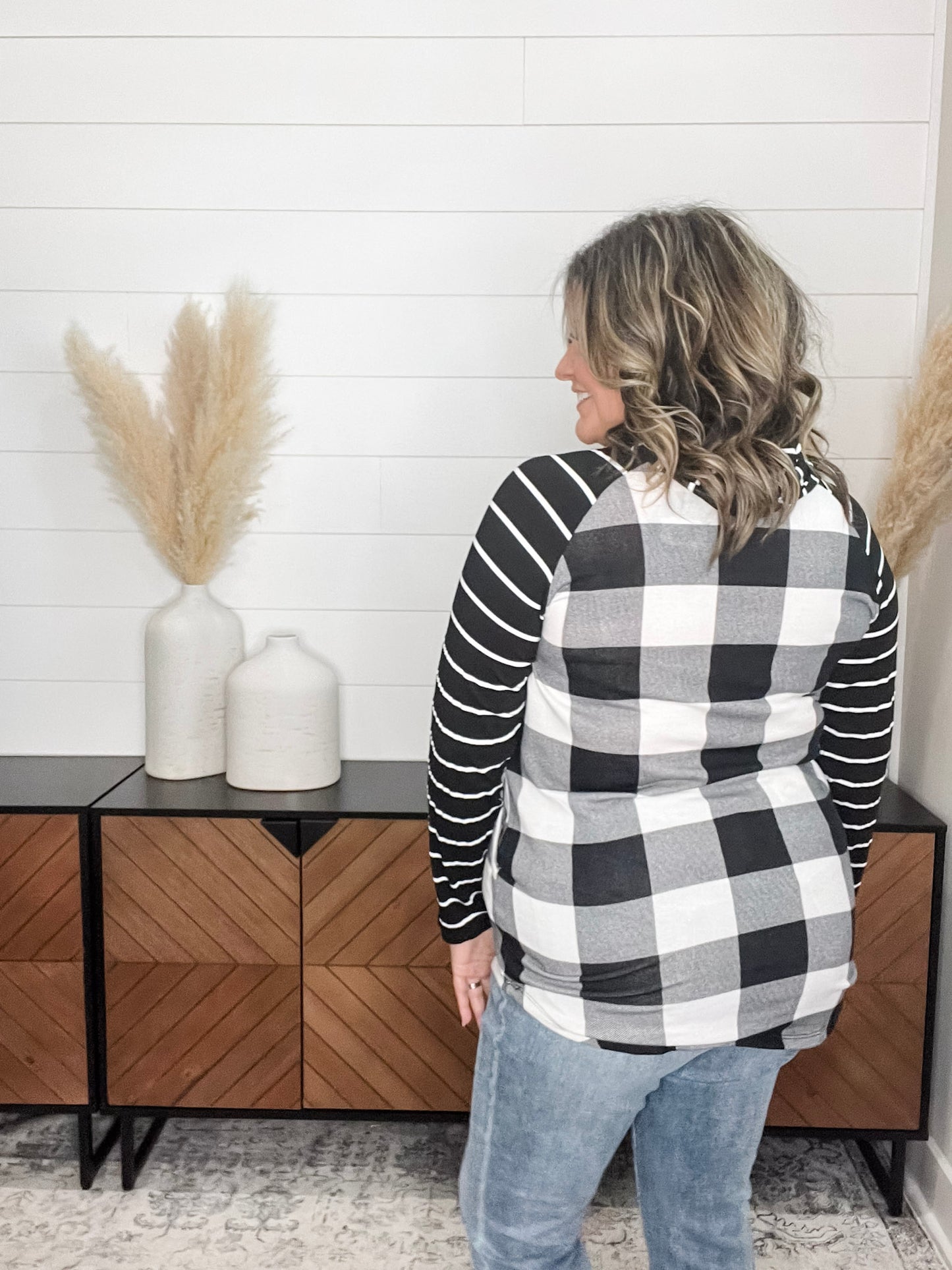"Crystal" Light Weight Hoodie with Stripe Sleeve (Black & White Plaid)