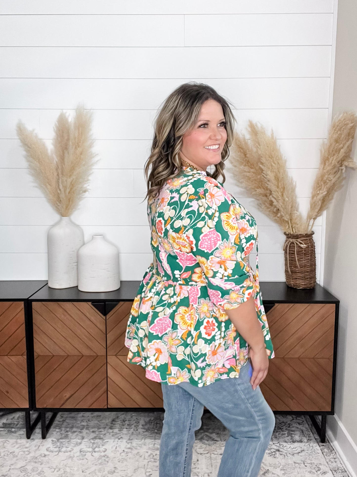 "Highland" 3/4 Sleeve Peplum with Front Tie