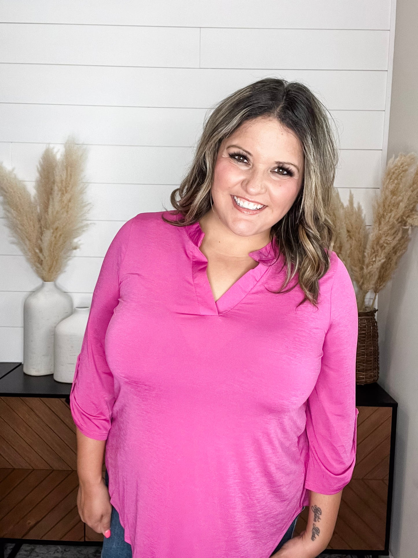 "What Can You Say" 3/4 Sleeve Split Neck (Magenta)