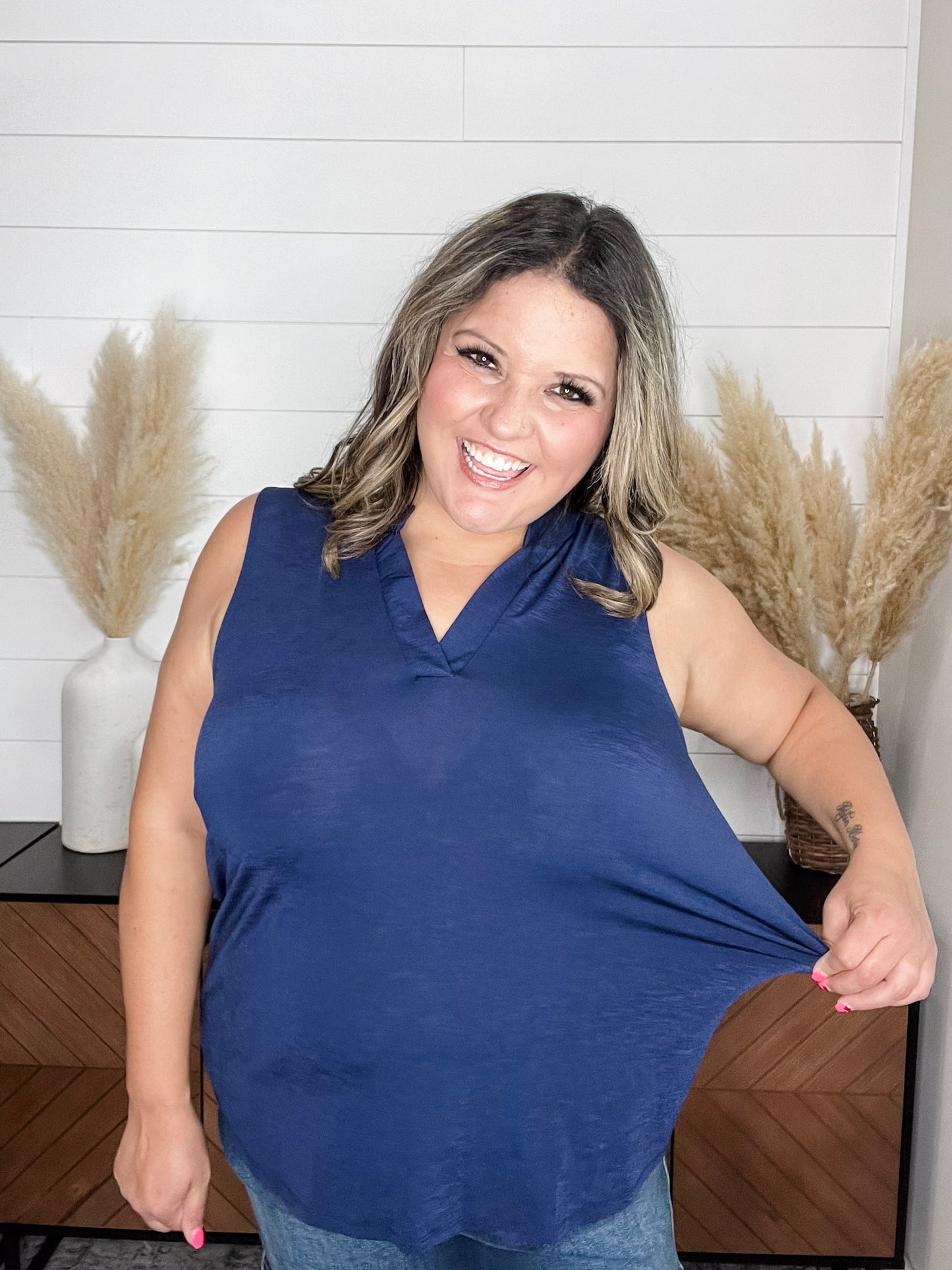 "Ok Maybe This" Sleeveless Split Neck (Navy)