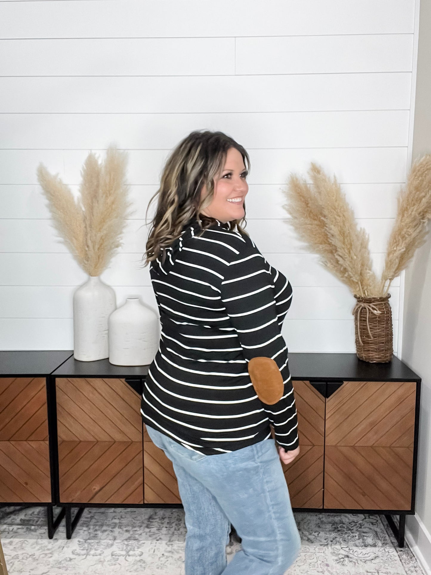 "Libby" Striped Hoodie with Faux Suede Elbow Patches