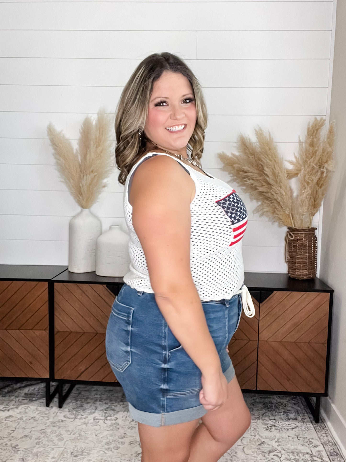 "Banner" Cropped Crochet Flag Tank (White)