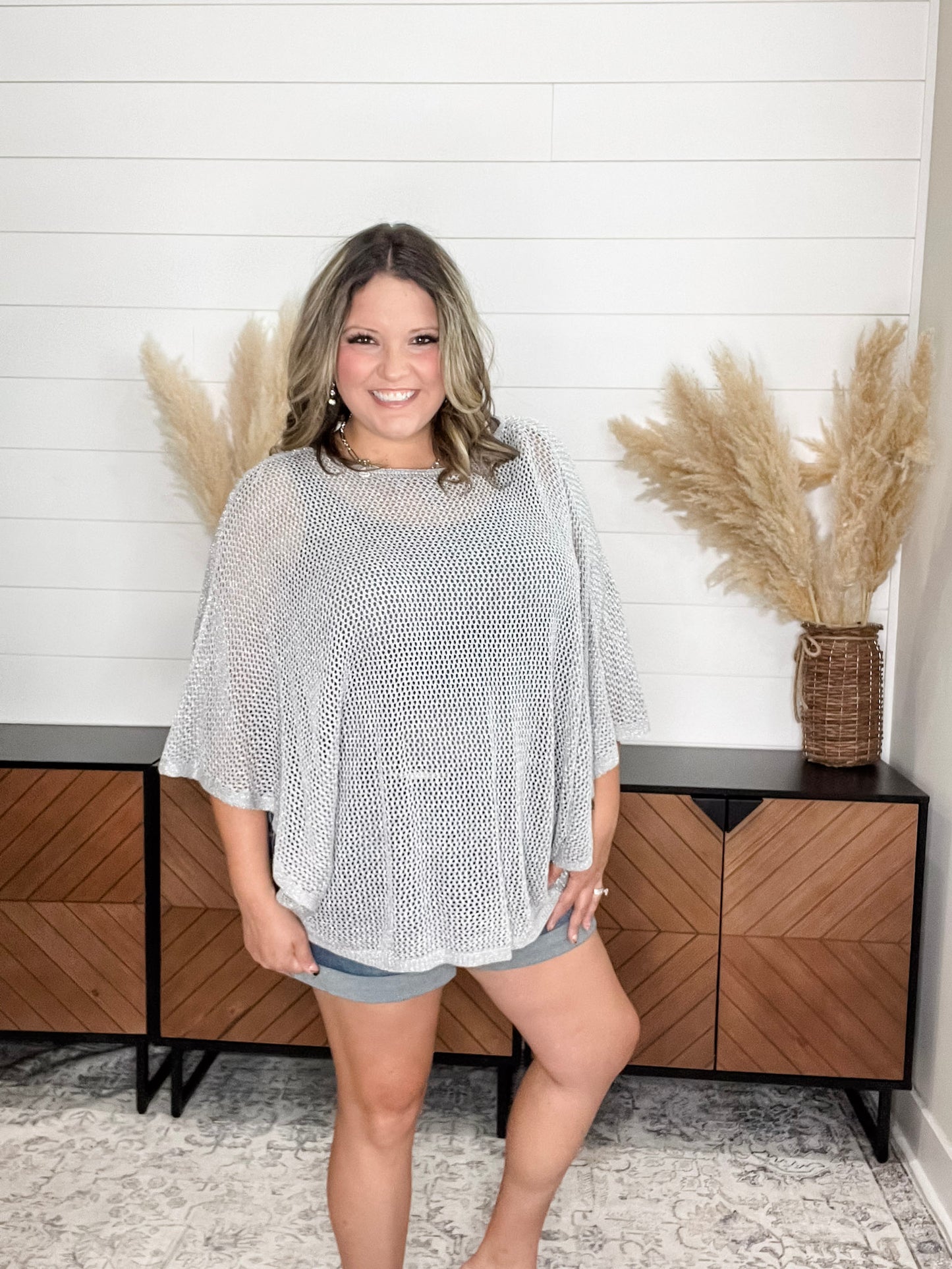 "Added Touch" Loose Knit Cover Up Top (Silver)