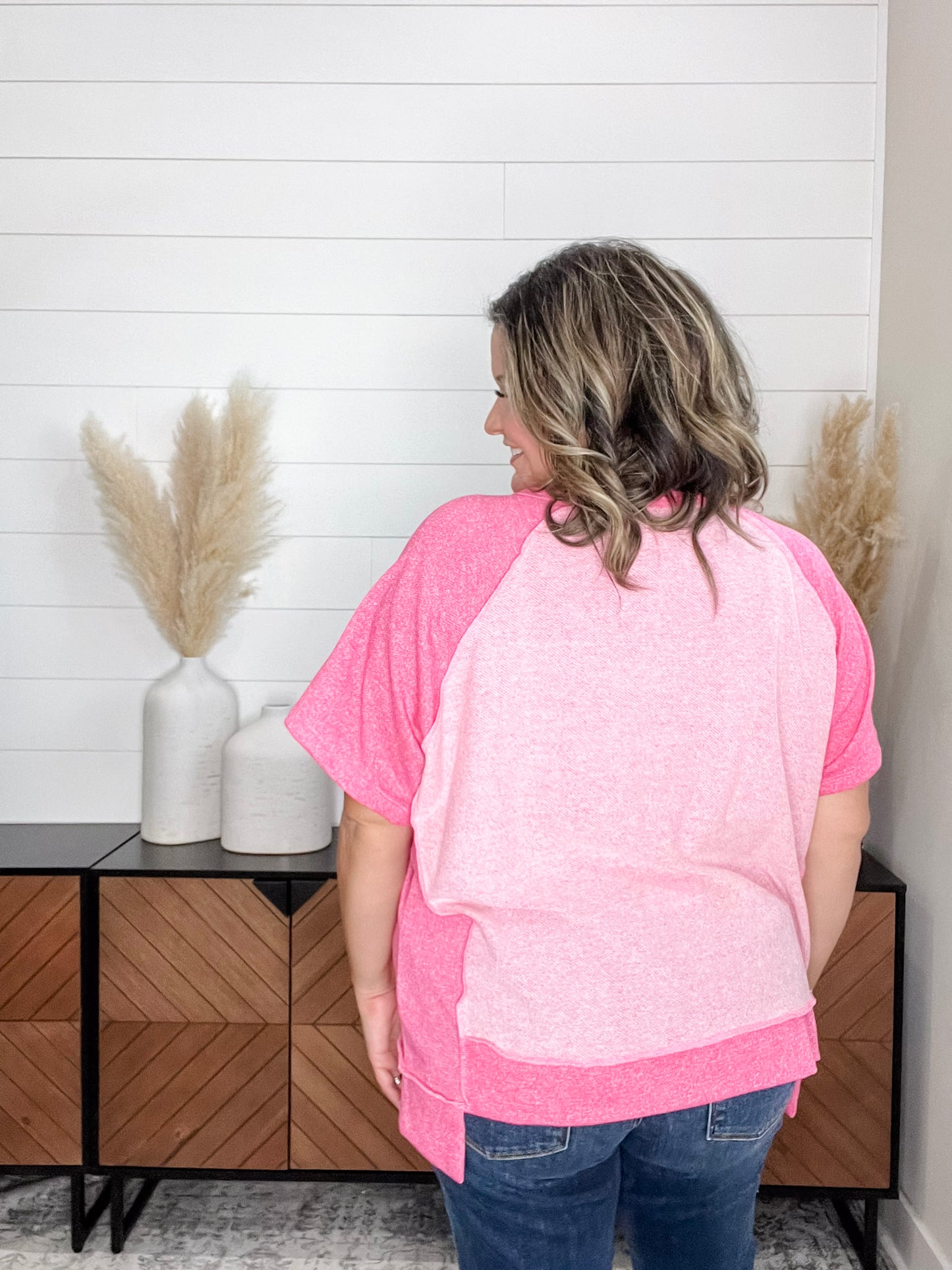 "Dunnigan" Oversized Short Sleeve with Button Front Detail (Pink)