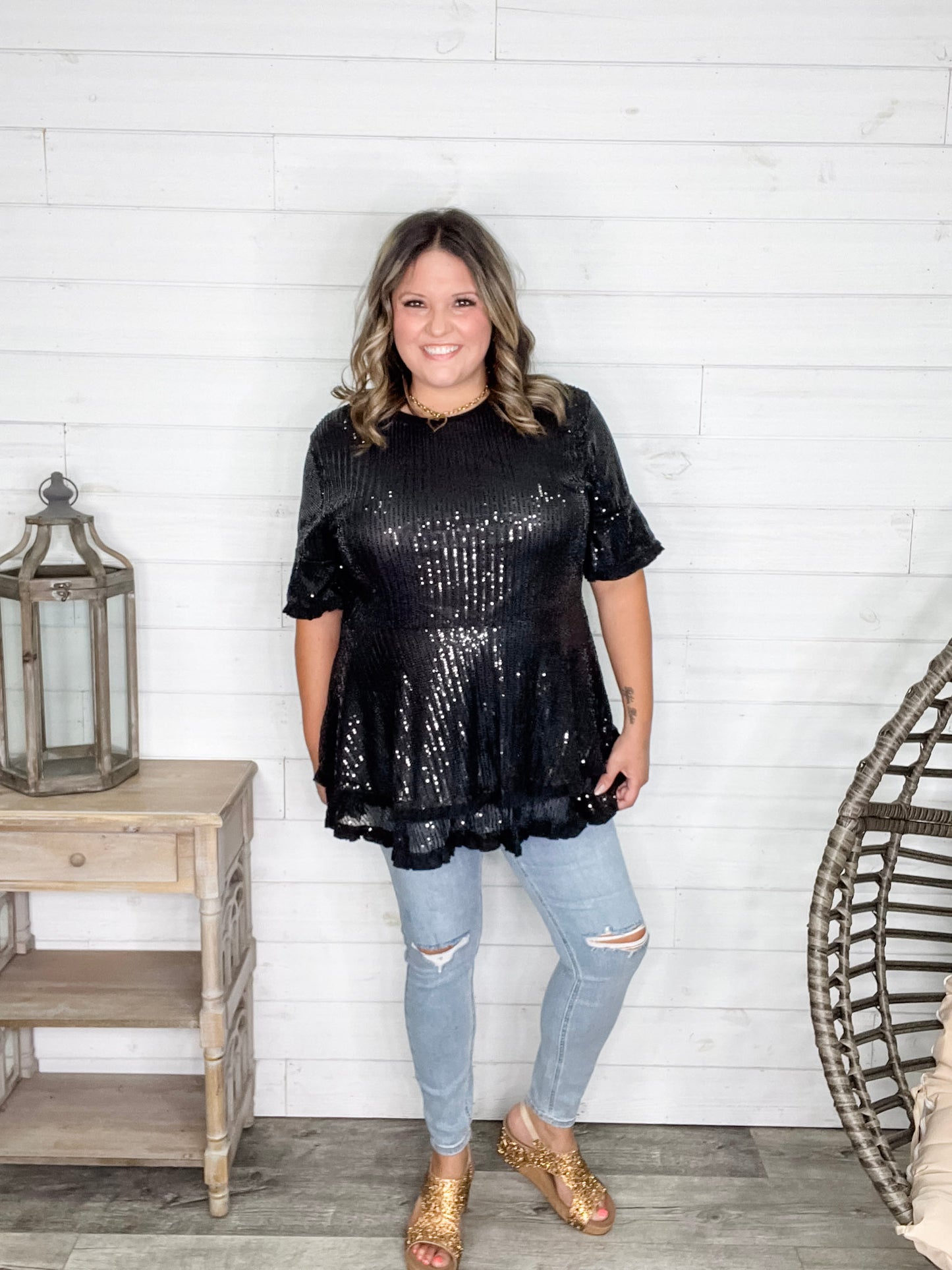 "Caught A Glimpse" Sequined Ruffle Hem and Sleeve (Black)