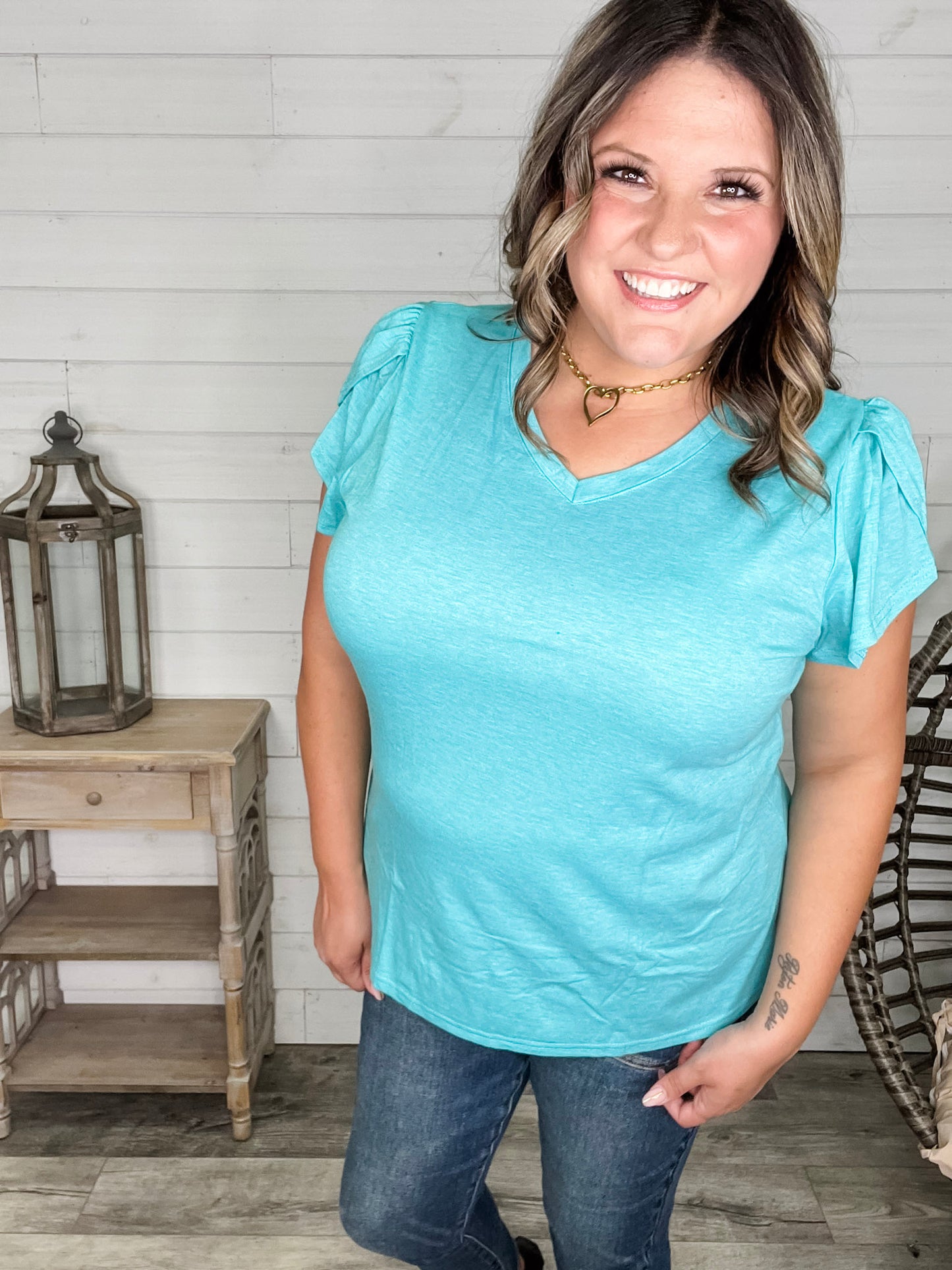"Just The Beginning Chapter Two" Solid Tulip Sleeve V Neck (Turquoise)
