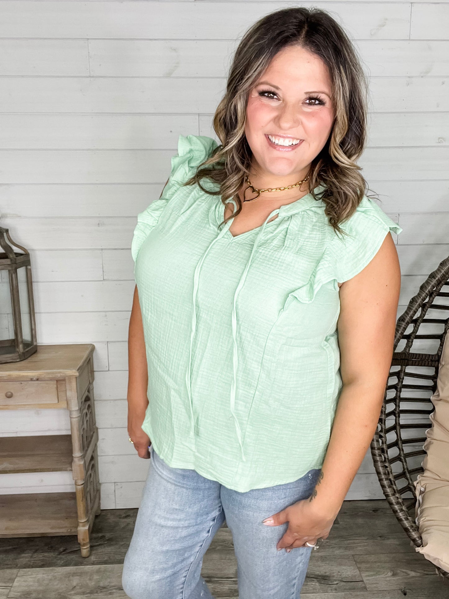 "Wheatland" Ruffle Cap V Neck with Tie Detail (Sage)