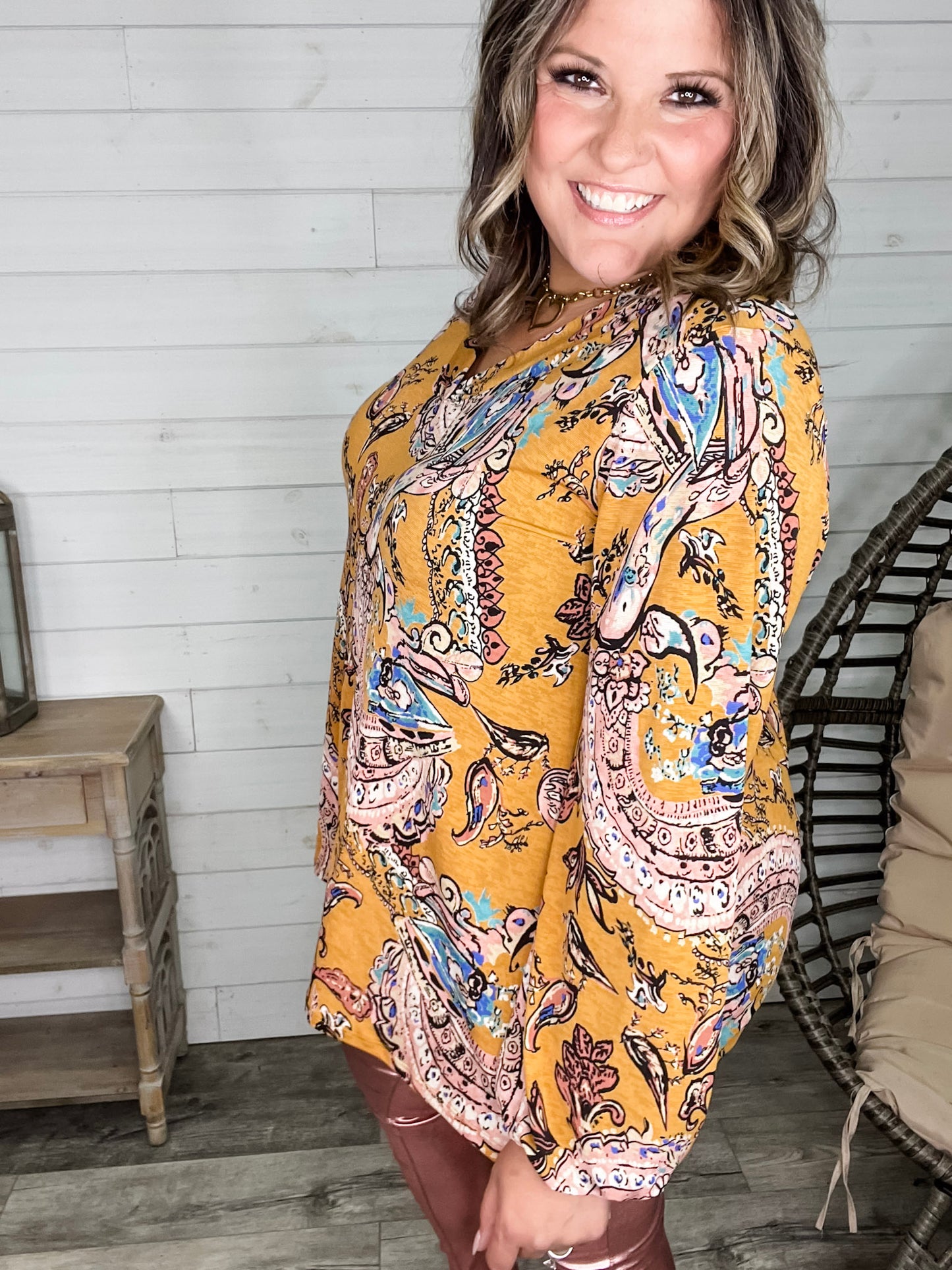"Nova" Long Balloon Sleeve Paisley V Neck