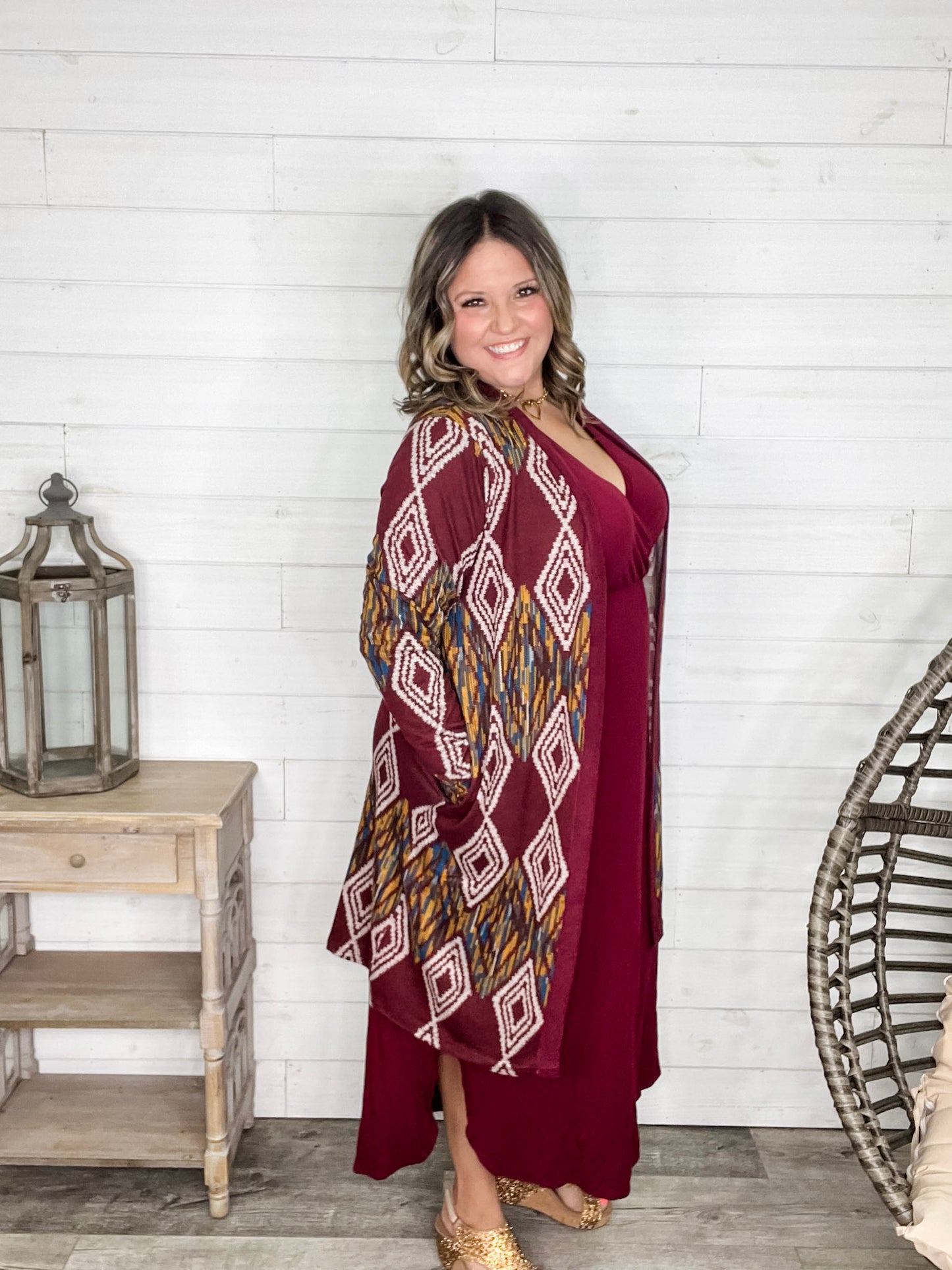 "Dutton" Aztec Print Cardigan with Pockets (Burgundy)