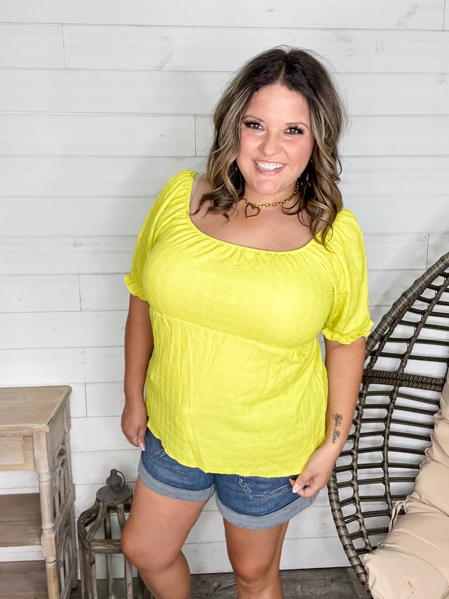 "Karma" Boho Peasant Short Sleeve Top (Lime)