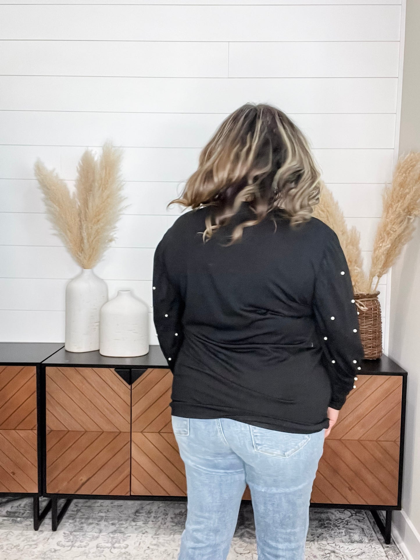 "Snazzy" Long Balloon Sleeve with Pearl Accents (Black)