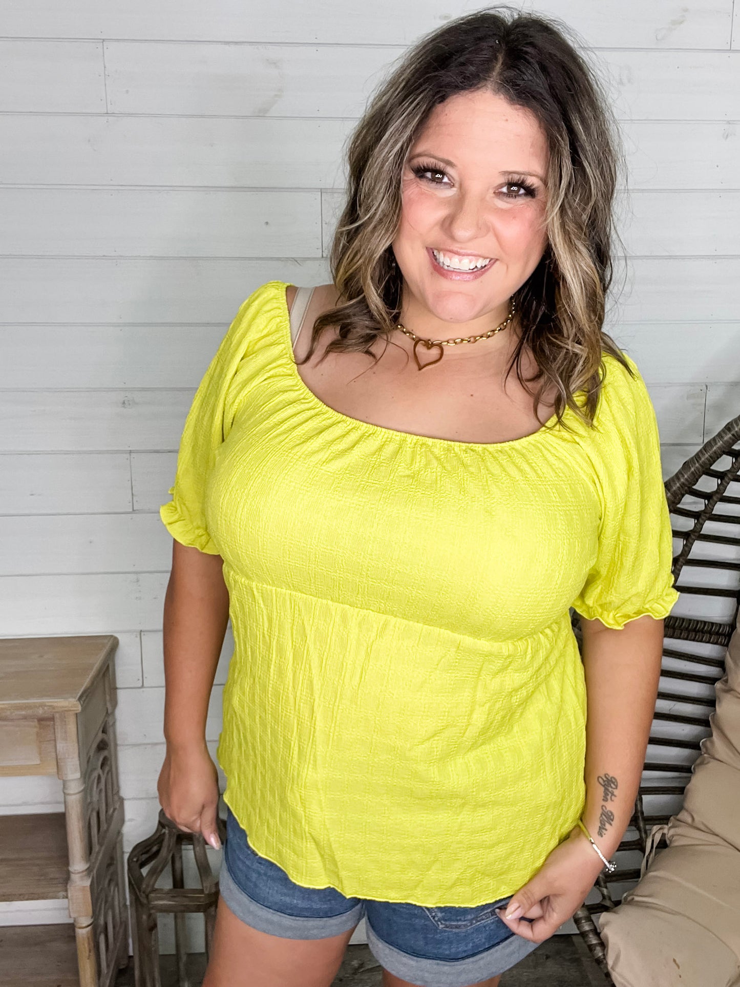 "Karma" Boho Peasant Short Sleeve Top (Lime)