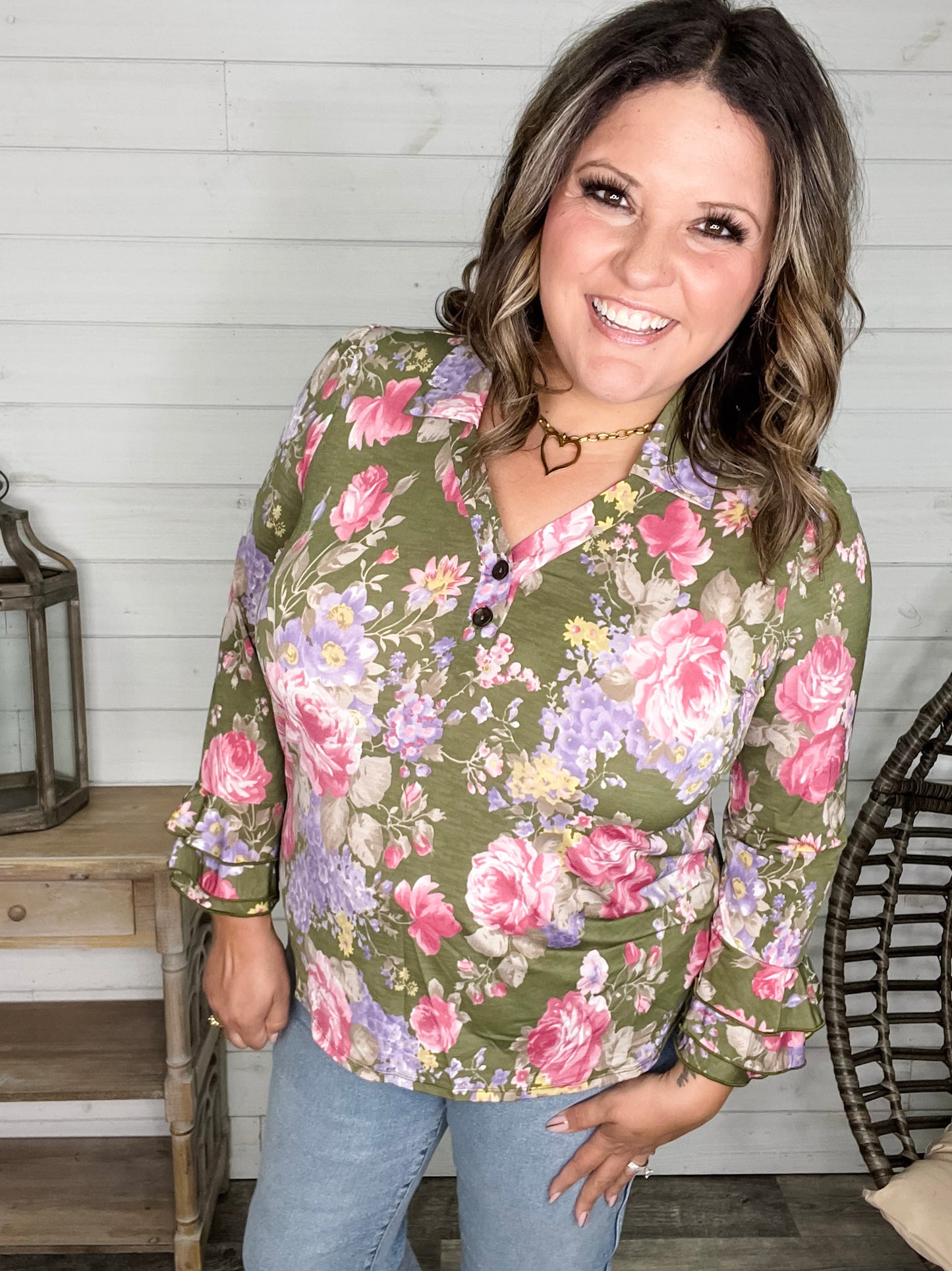 "Jump Right In" Ruffle Long Sleeve Collared V Neck with Button Detail