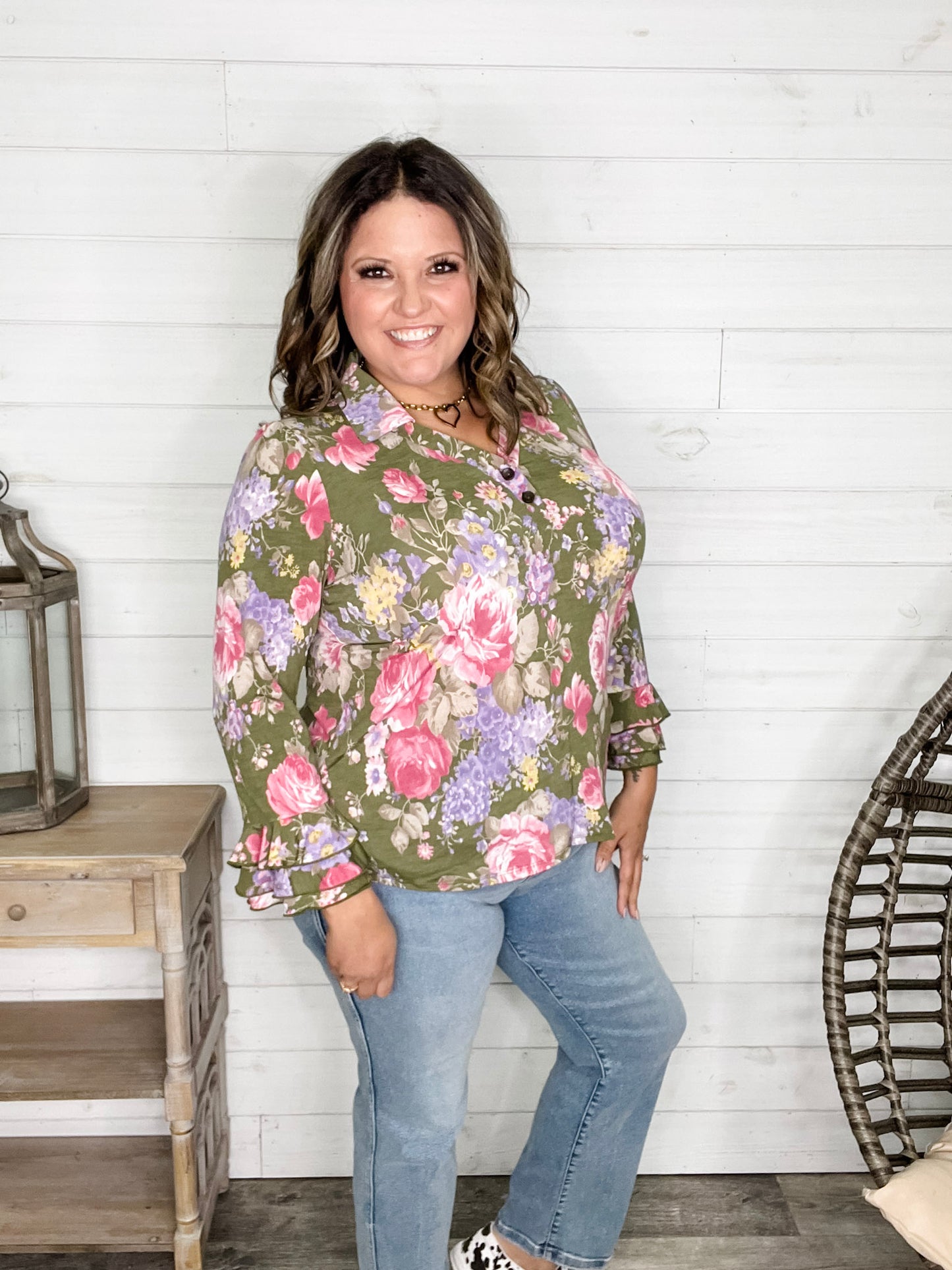 "Jump Right In" Ruffle Long Sleeve Collared V Neck with Button Detail