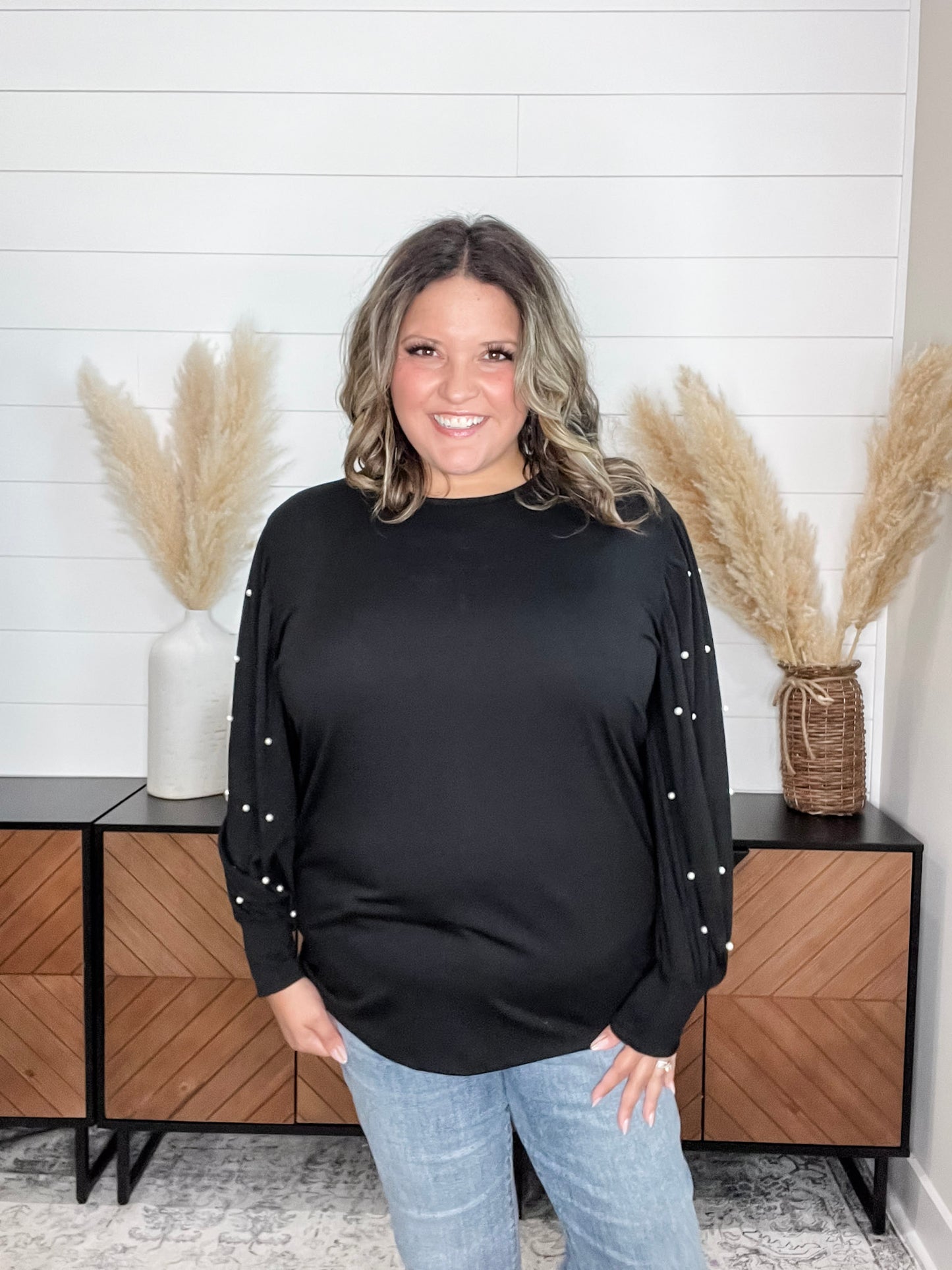 "Snazzy" Long Balloon Sleeve with Pearl Accents (Black)