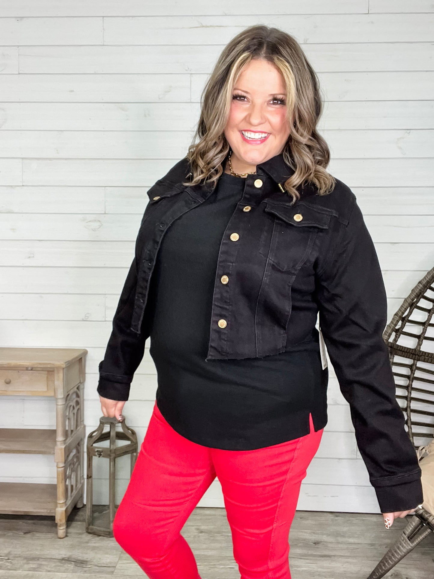 Judy Blue Black Jean Jacket with gold darts