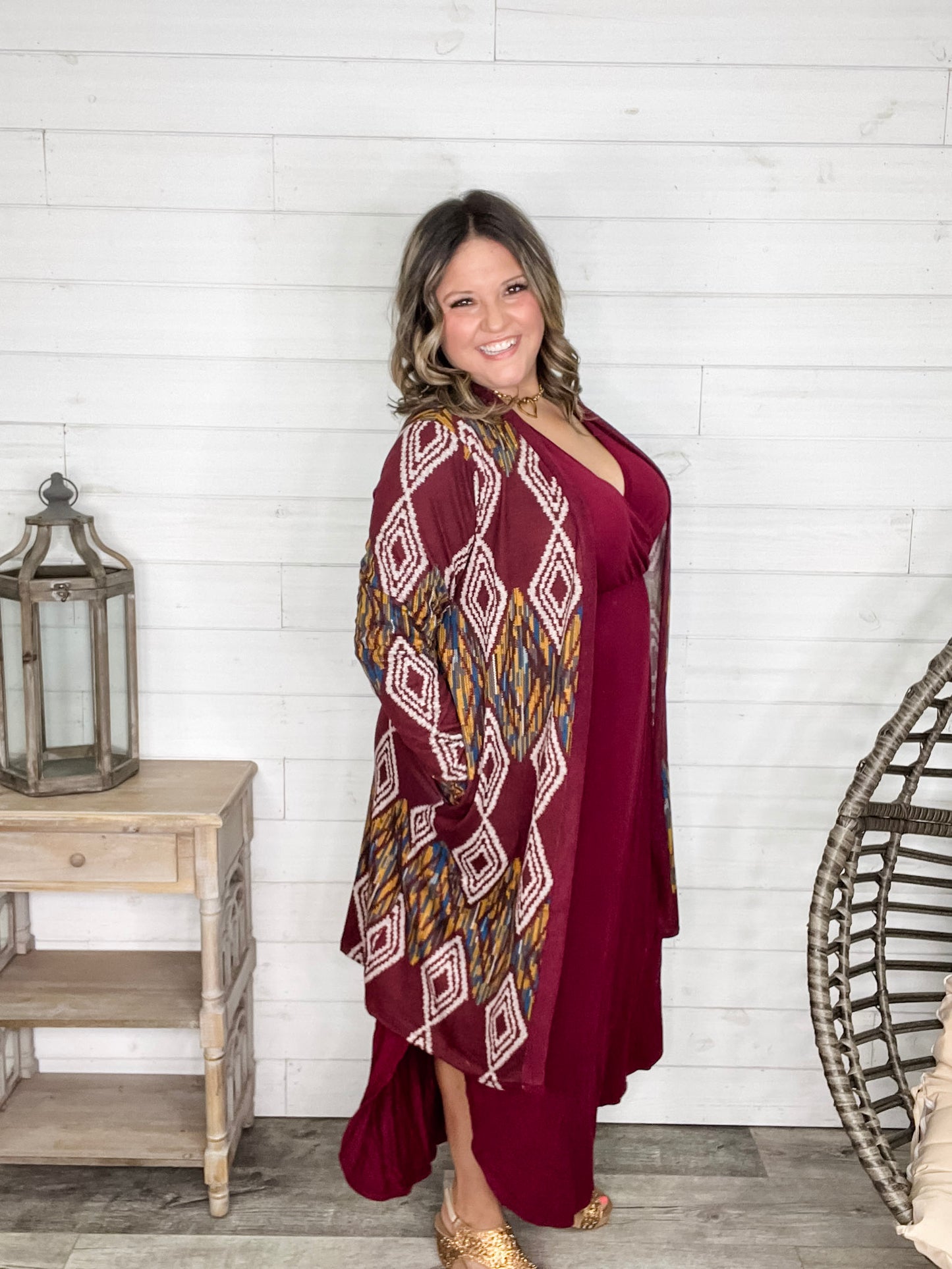 "Dutton" Aztec Print Cardigan with Pockets (Burgundy)