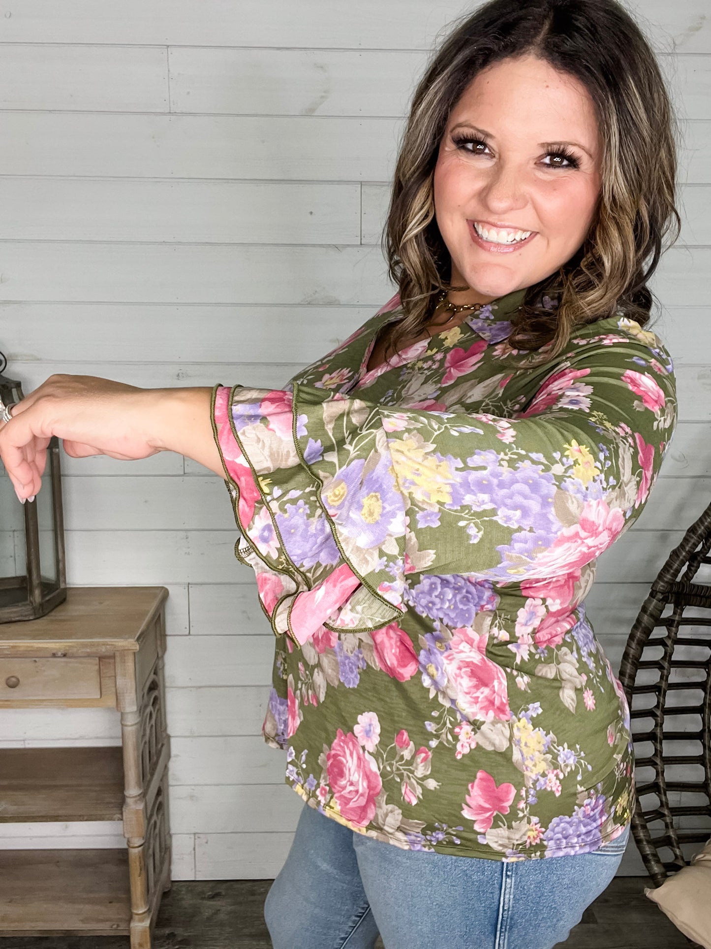 "Jump Right In" Ruffle Long Sleeve Collared V Neck with Button Detail