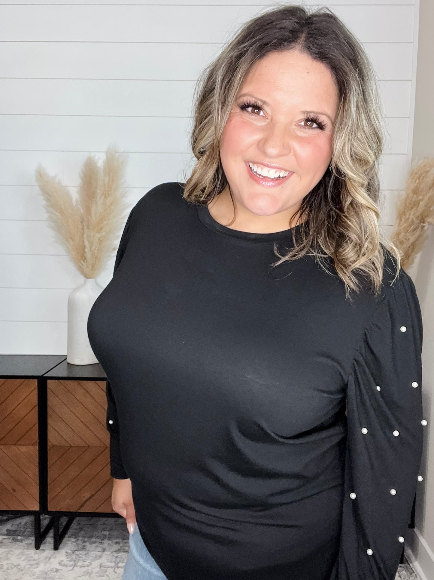 "Snazzy" Long Balloon Sleeve with Pearl Accents (Black)