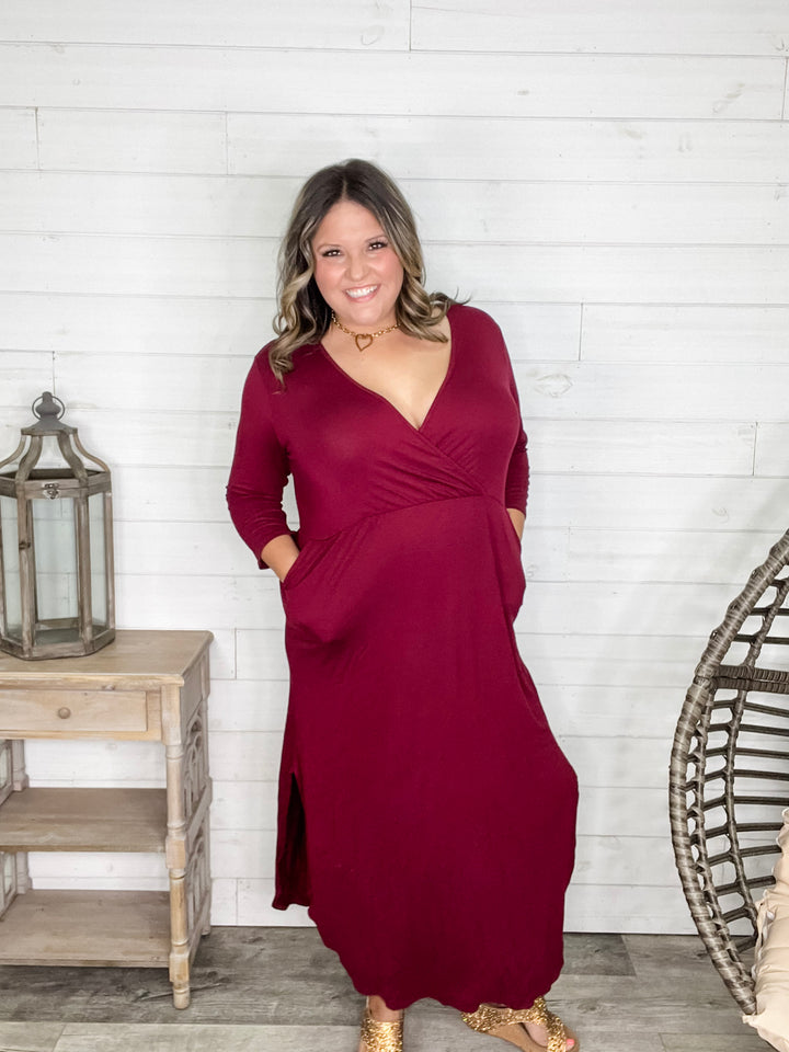 Solid 3/4 Sleeve Wrap Dress with Pockets (Burgundy)