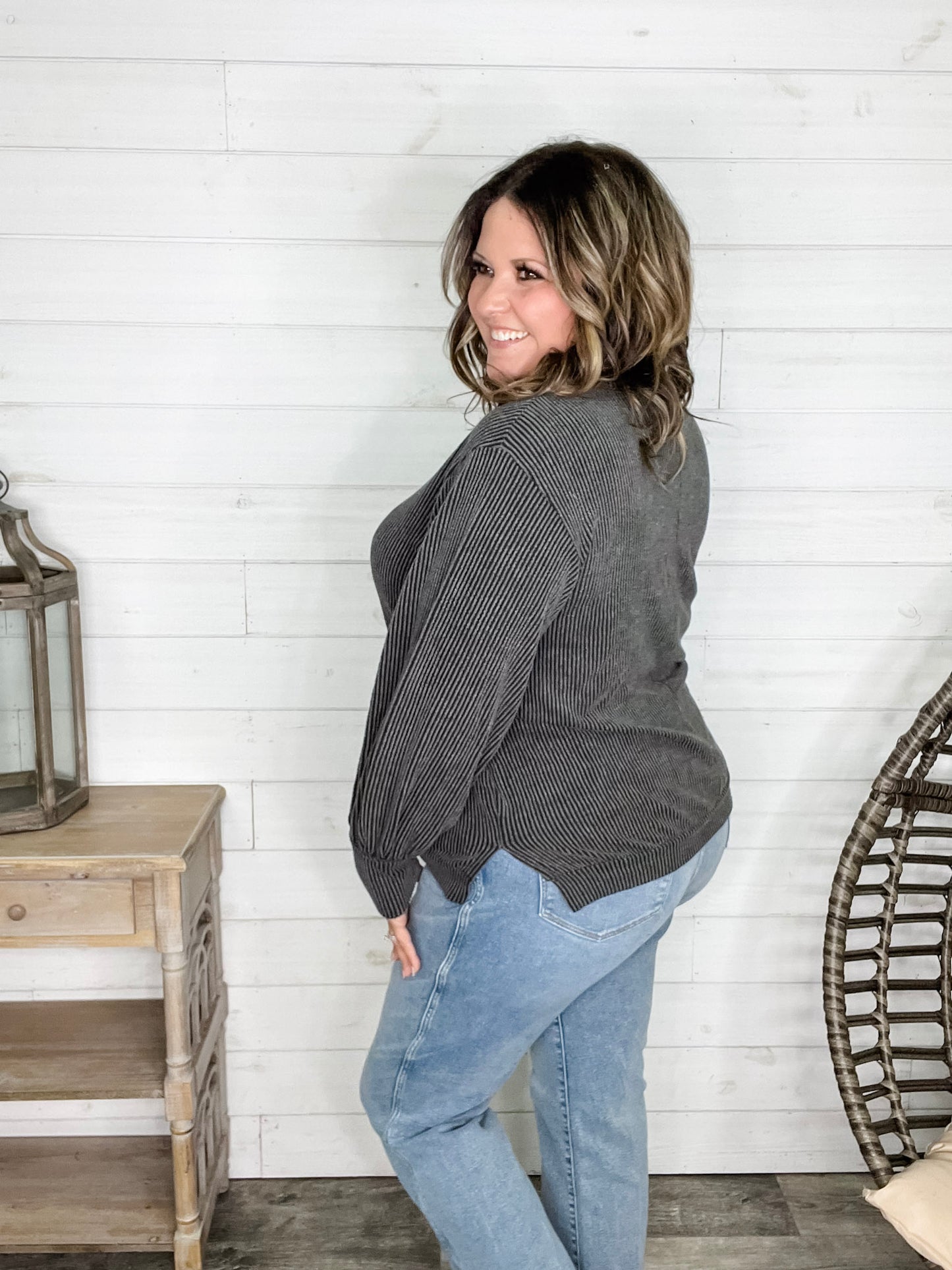 "If You Say So" V Neck Long Sleeve Ribbed Weekender