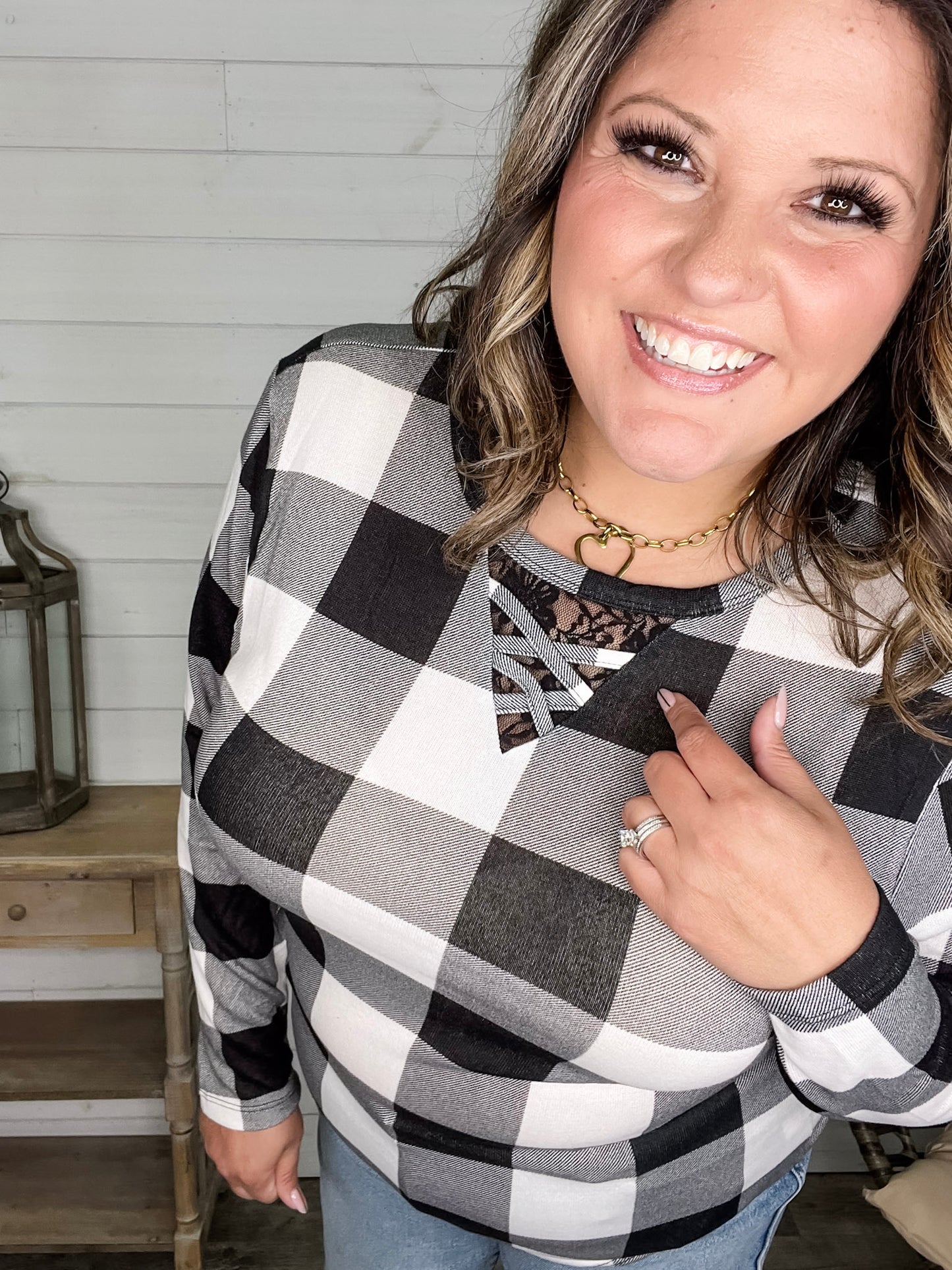 "Mindy" Black & White Check with Criss Cross & Lace Front Detail