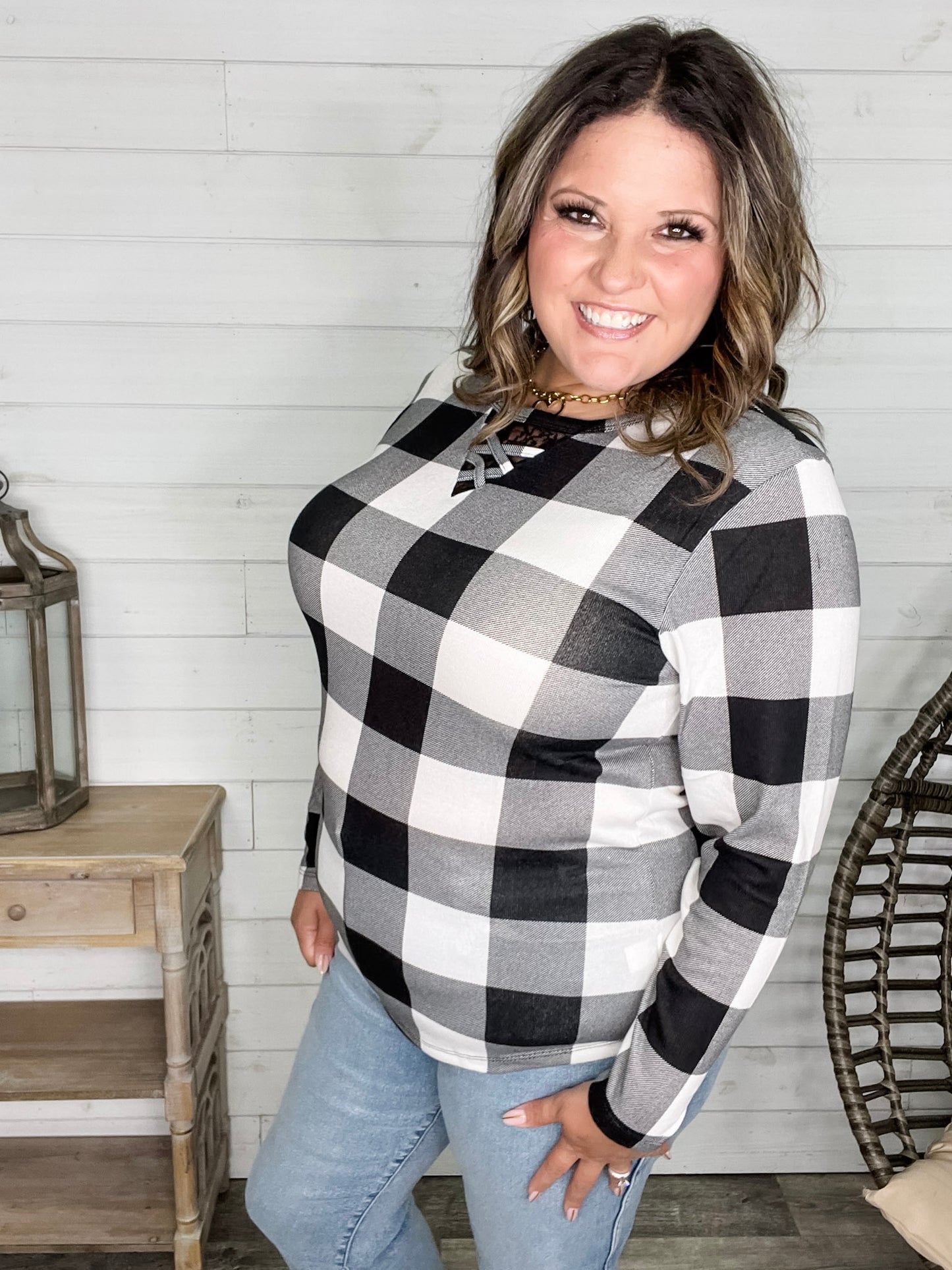 "Mindy" Black & White Check with Criss Cross & Lace Front Detail