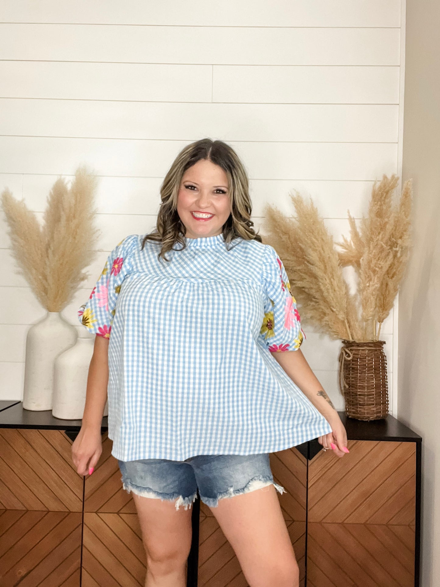 "Becker" Gingham Embroidered Bubble Sleeve