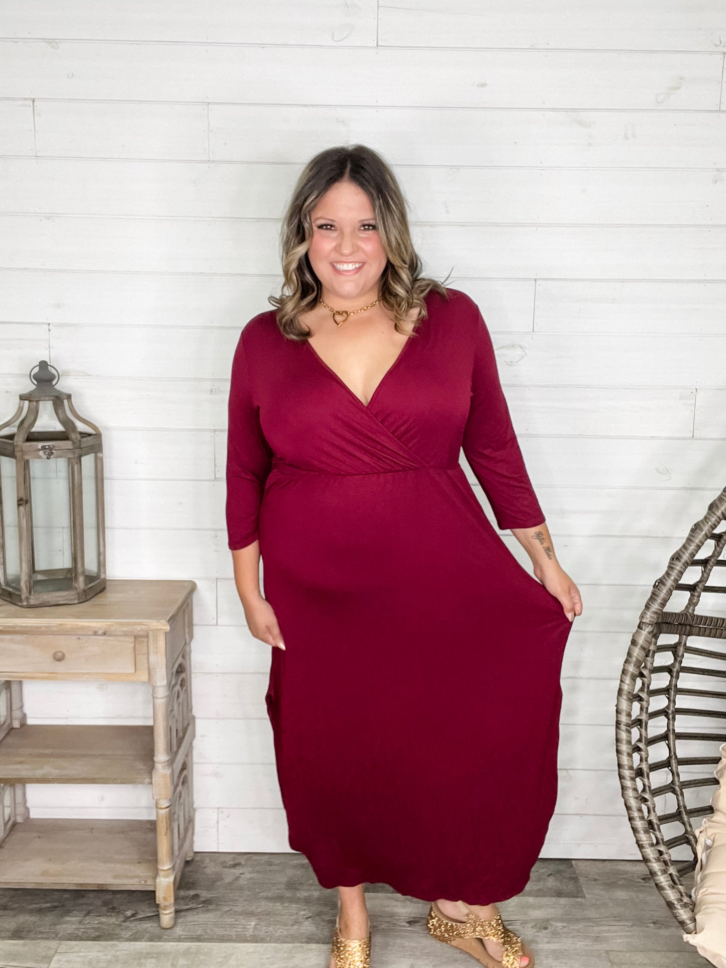 Solid 3/4 Sleeve Wrap Dress with Pockets (Burgundy)