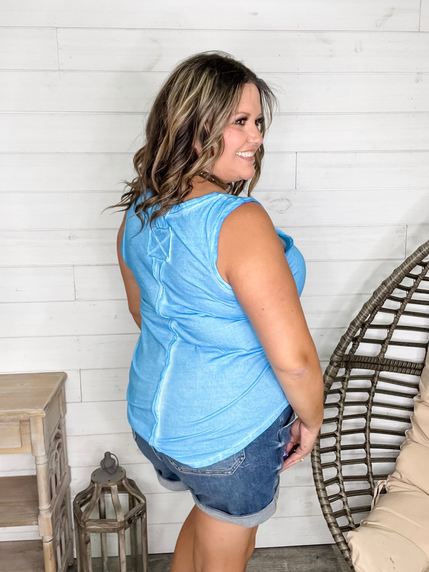 "Beach Day" Washed Raw Edge V Neck Tank (Multiple Colors)