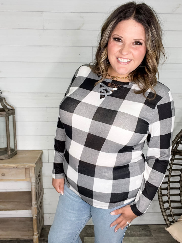 "Mindy" Black & White Check with Criss Cross & Lace Front Detail