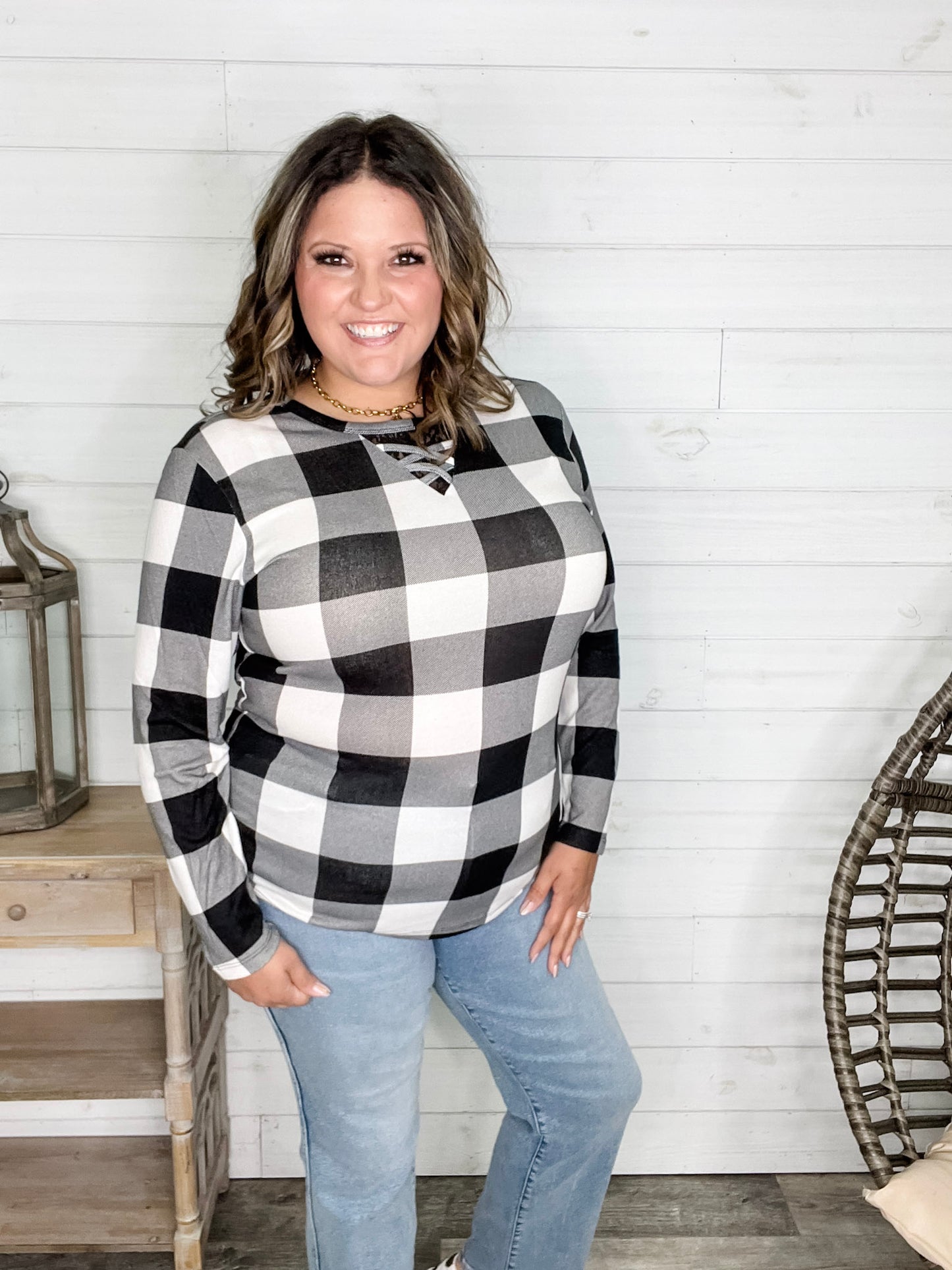 "Mindy" Black & White Check with Criss Cross & Lace Front Detail