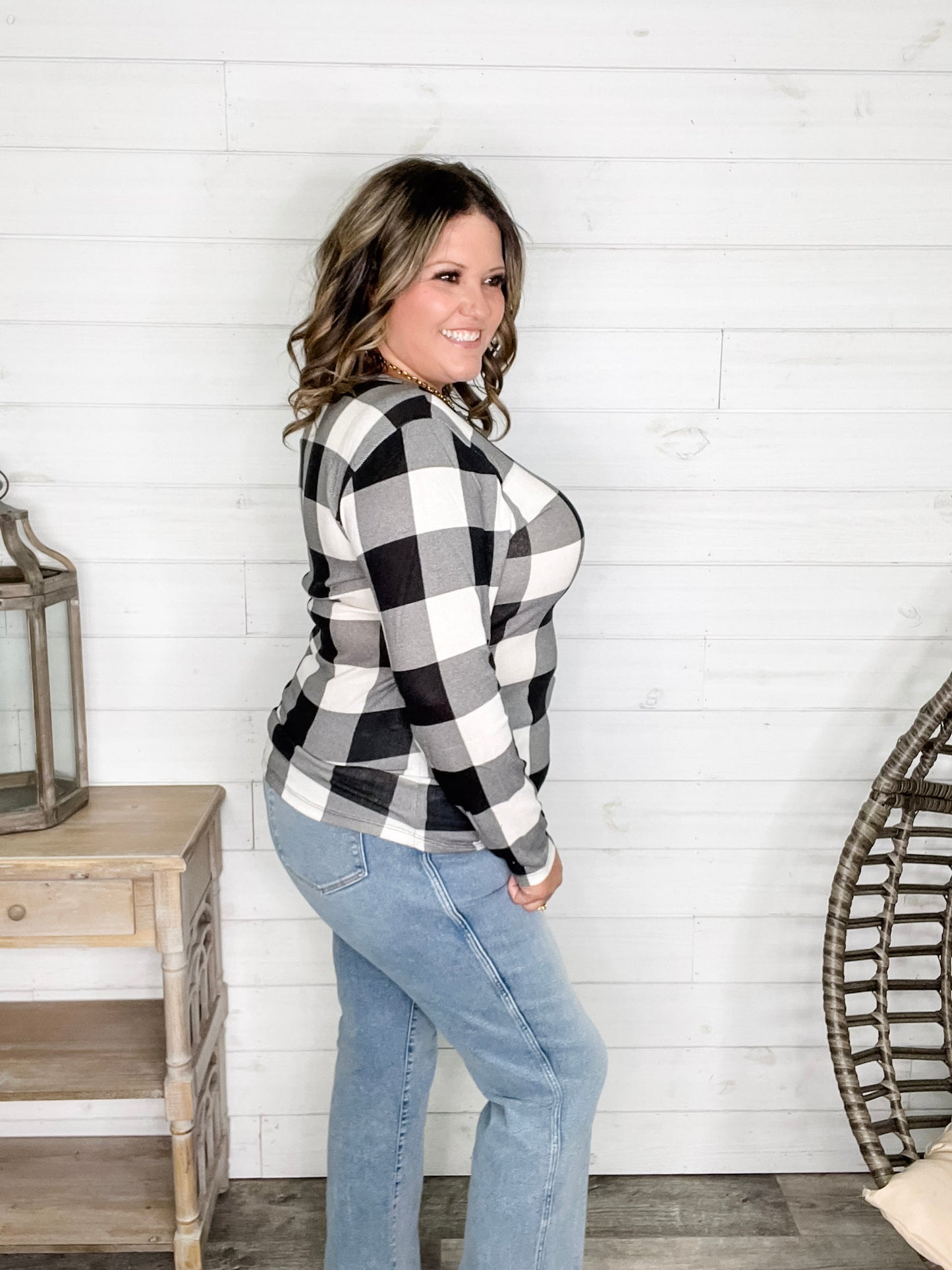 "Mindy" Black & White Check with Criss Cross & Lace Front Detail
