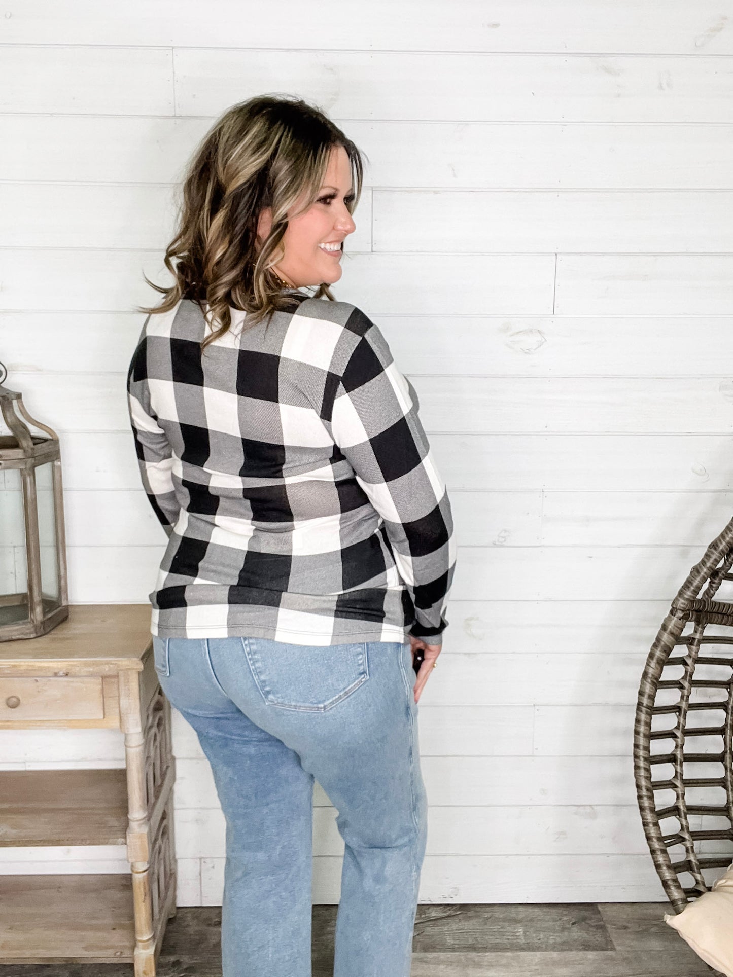 "Mindy" Black & White Check with Criss Cross & Lace Front Detail