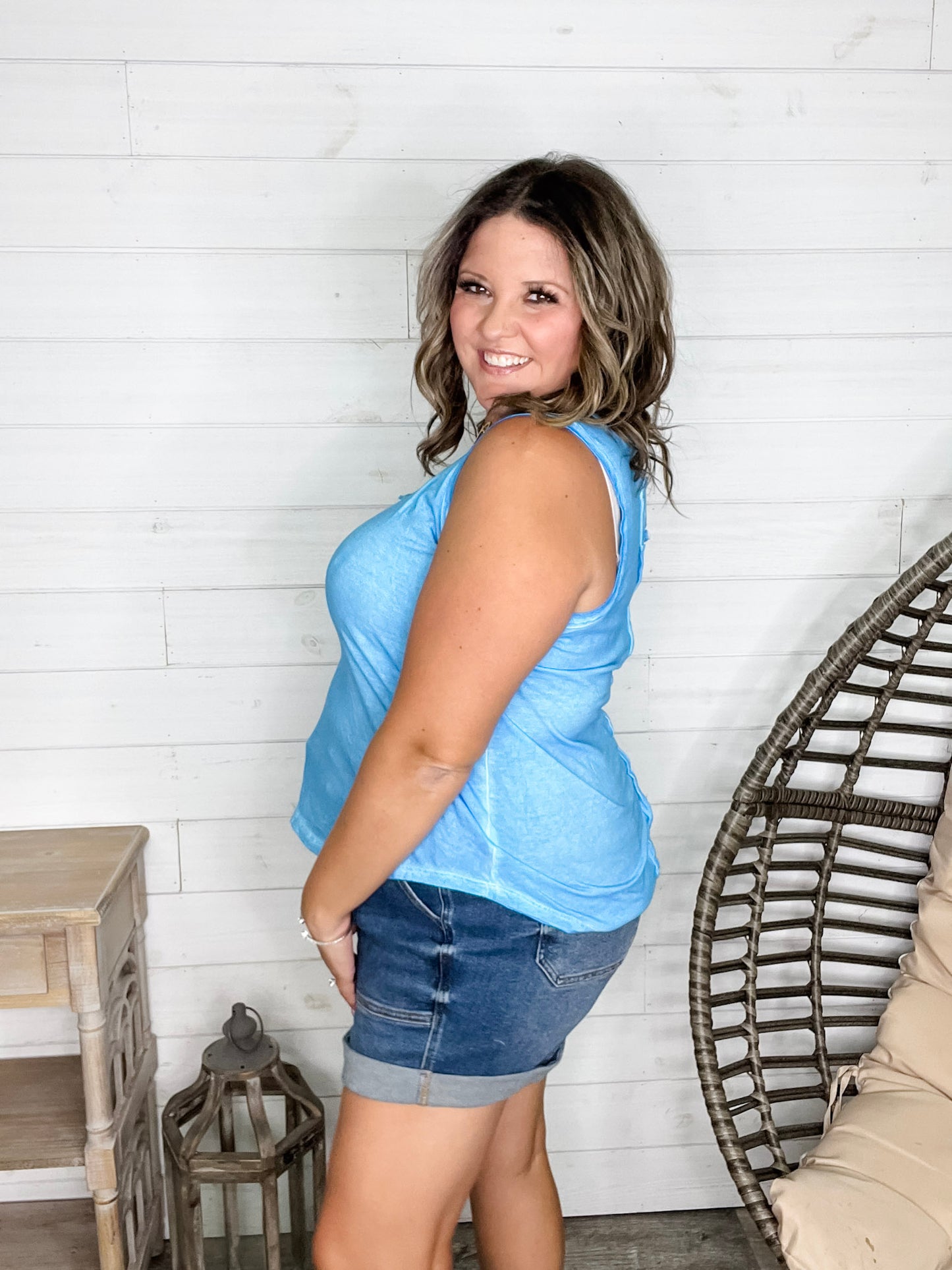 "Beach Day" Washed Raw Edge V Neck Tank (Multiple Colors)