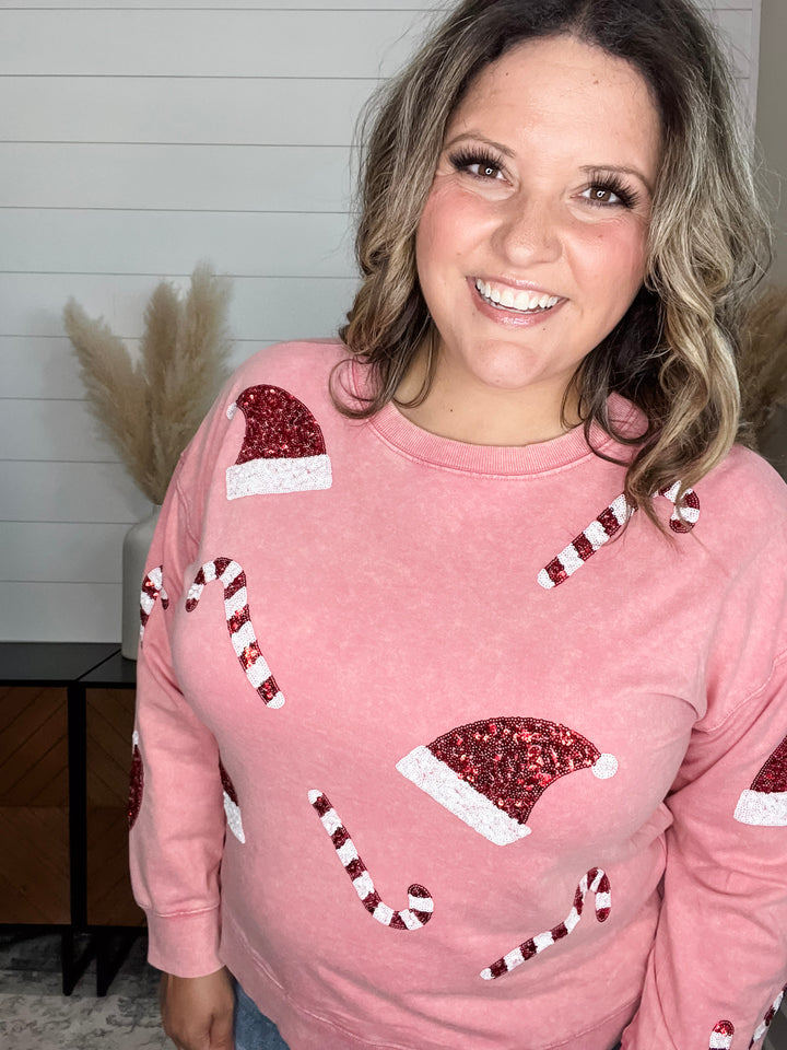 Sequin Candy Cane & Hat Long Sleeve