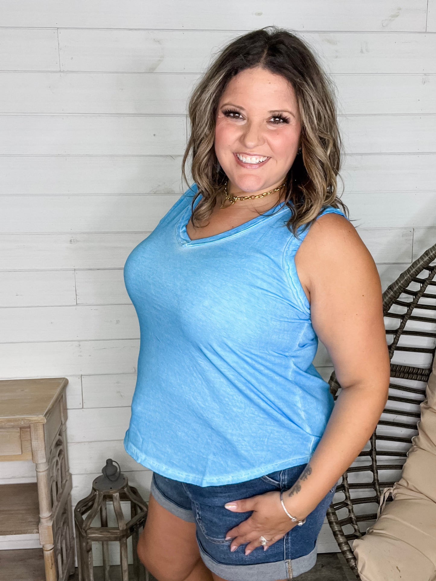 "Beach Day" Washed Raw Edge V Neck Tank (Multiple Colors)