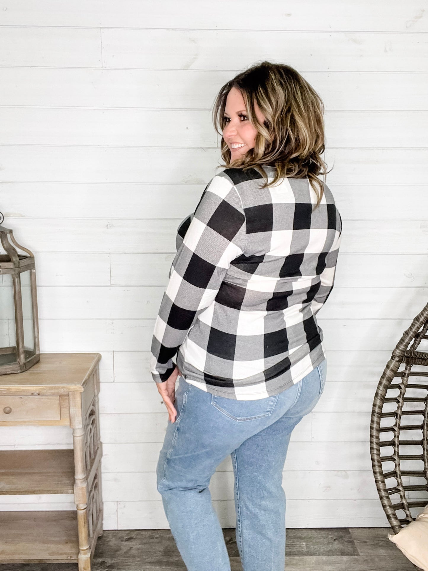 "Mindy" Black & White Check with Criss Cross & Lace Front Detail