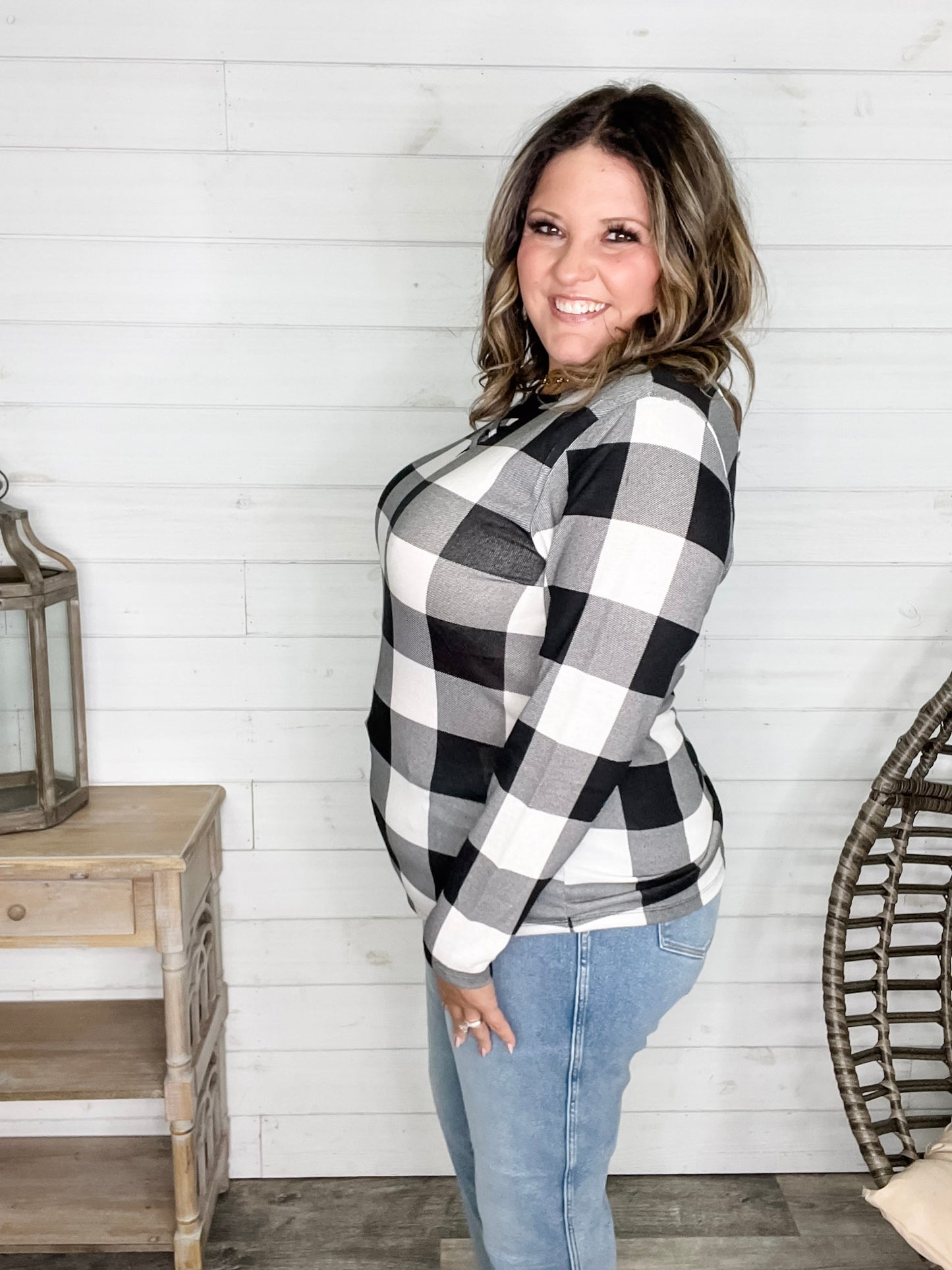"Mindy" Black & White Check with Criss Cross & Lace Front Detail