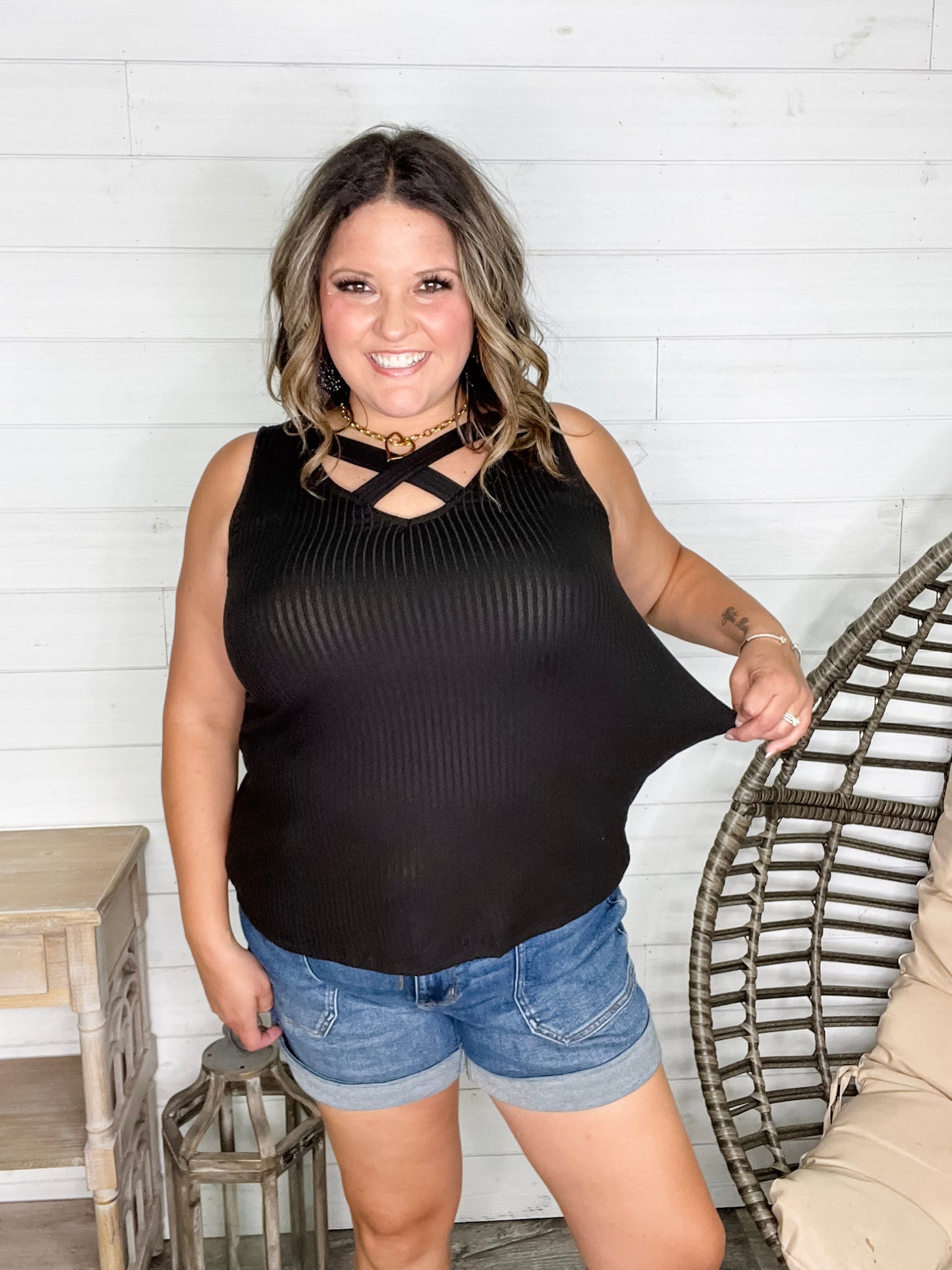 "Everett" Ribbed Tank Top With Criss Cross Front (Black)