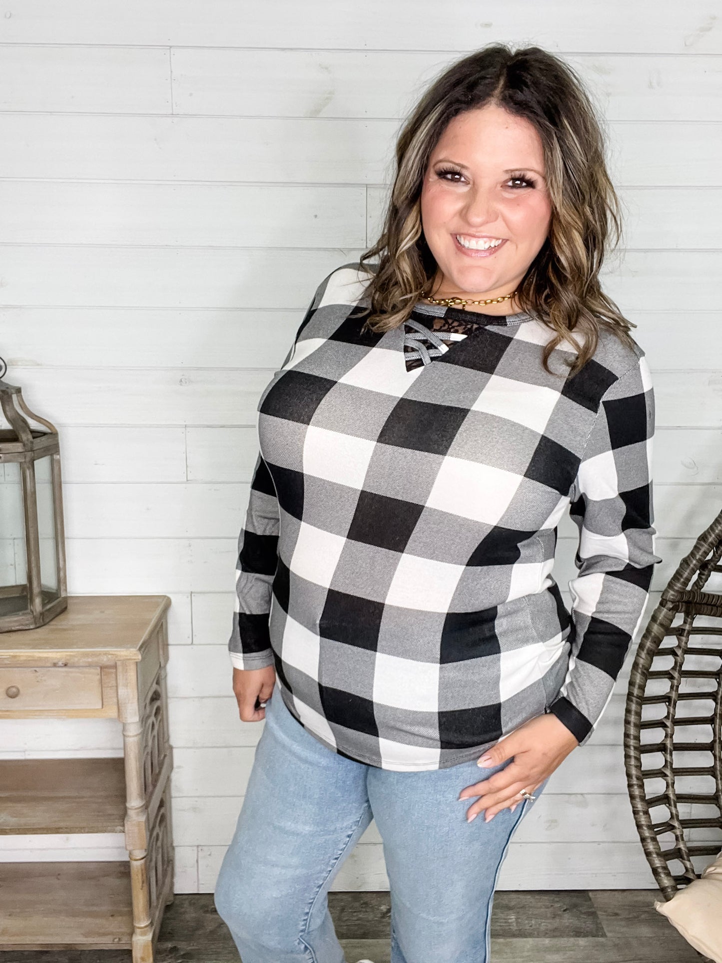 "Mindy" Black & White Check with Criss Cross & Lace Front Detail