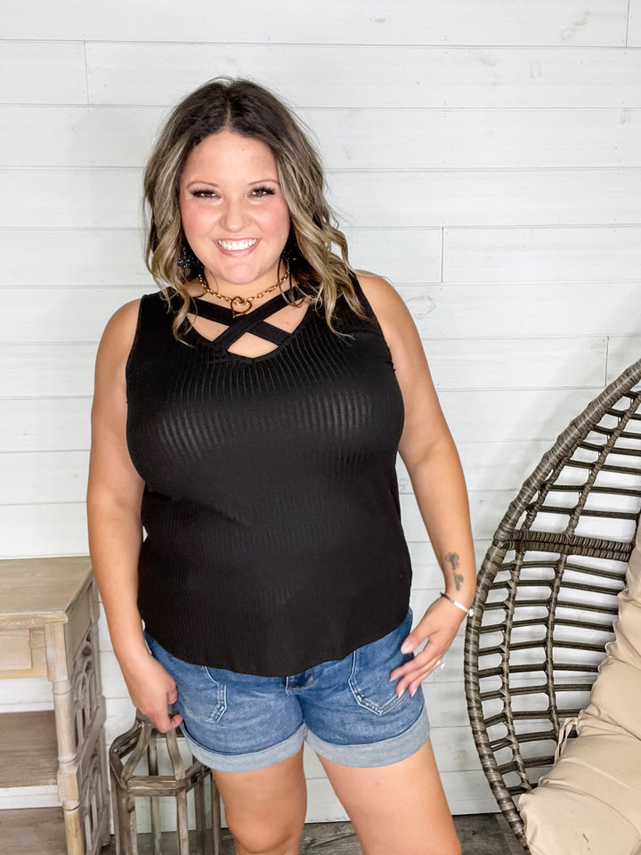 "Everett" Ribbed Tank Top With Criss Cross Front (Black)
