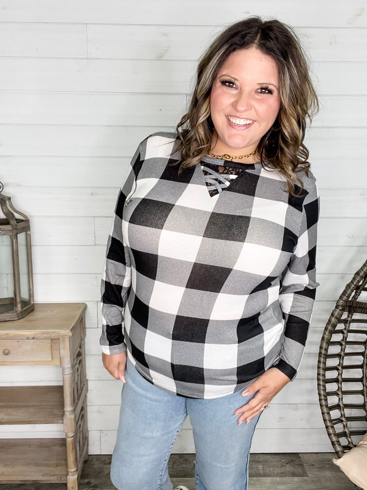 "Mindy" Black & White Check with Criss Cross & Lace Front Detail