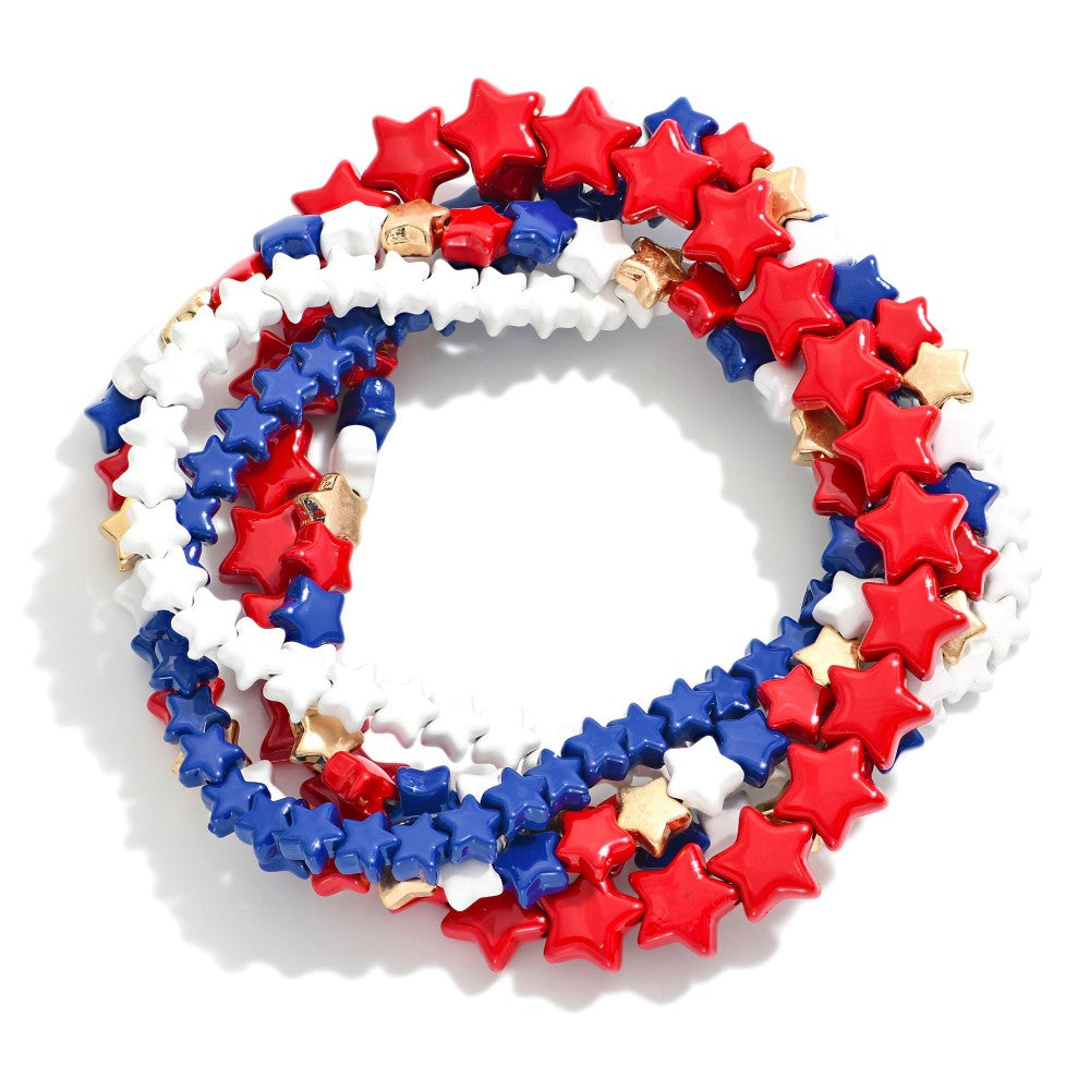 Set of Five Red, White, and Blue Star Beaded Stretch Bracelets